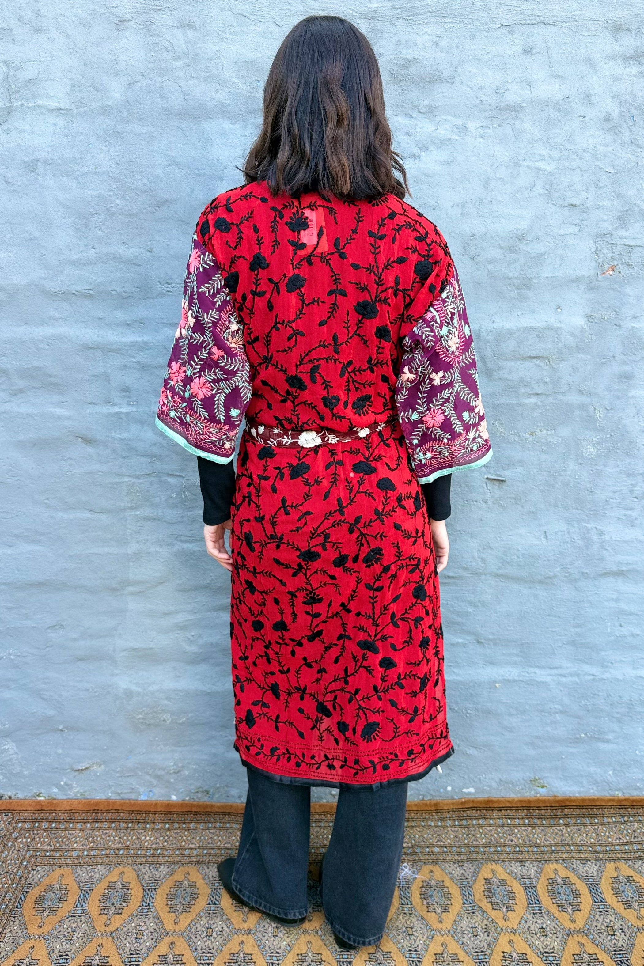 Phulkari Kimono In Dark Ruby