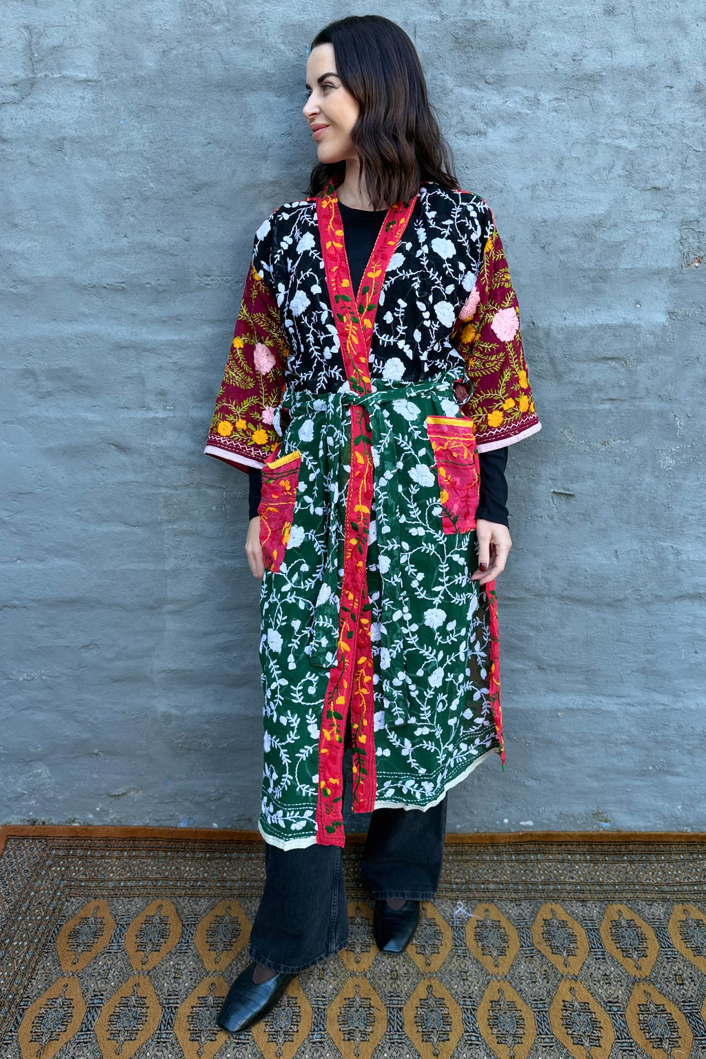 Phulkari Kimono In Forest Rose