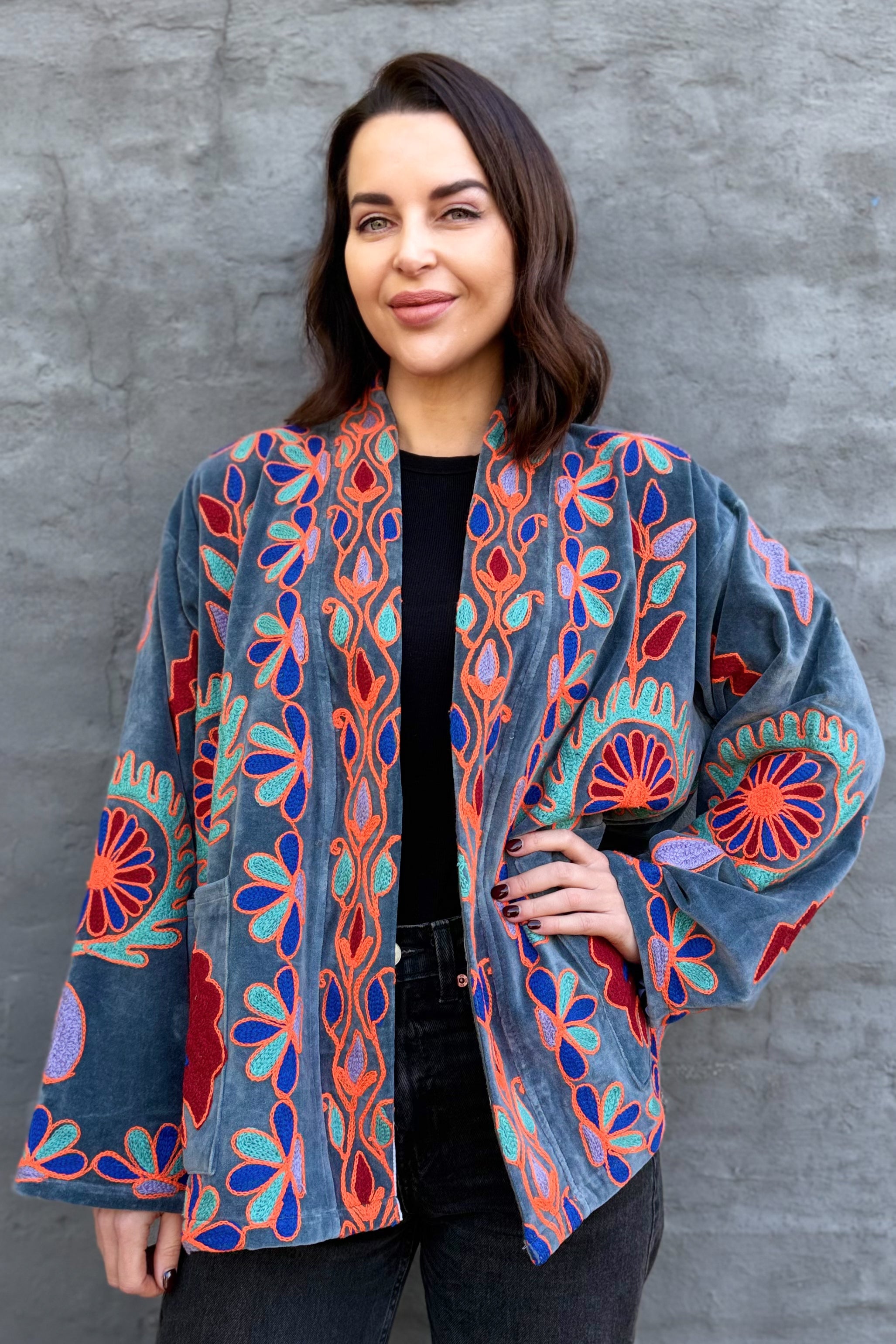 Velvet Suzani Jacket In Granite