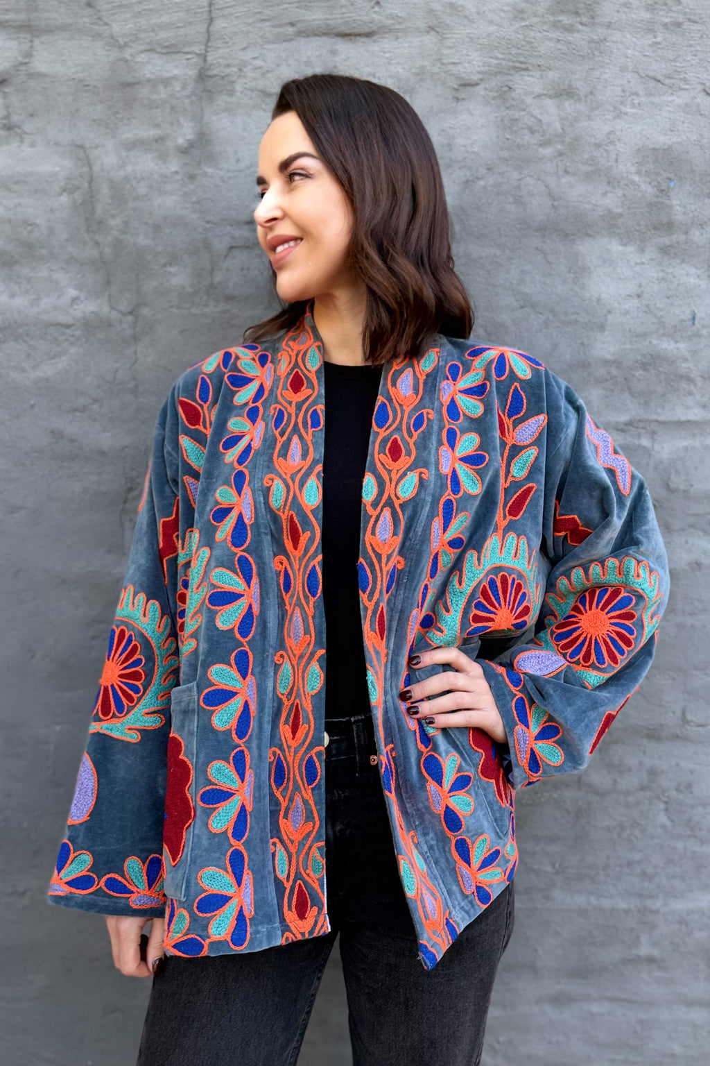 Velvet Suzani Jacket In Granite