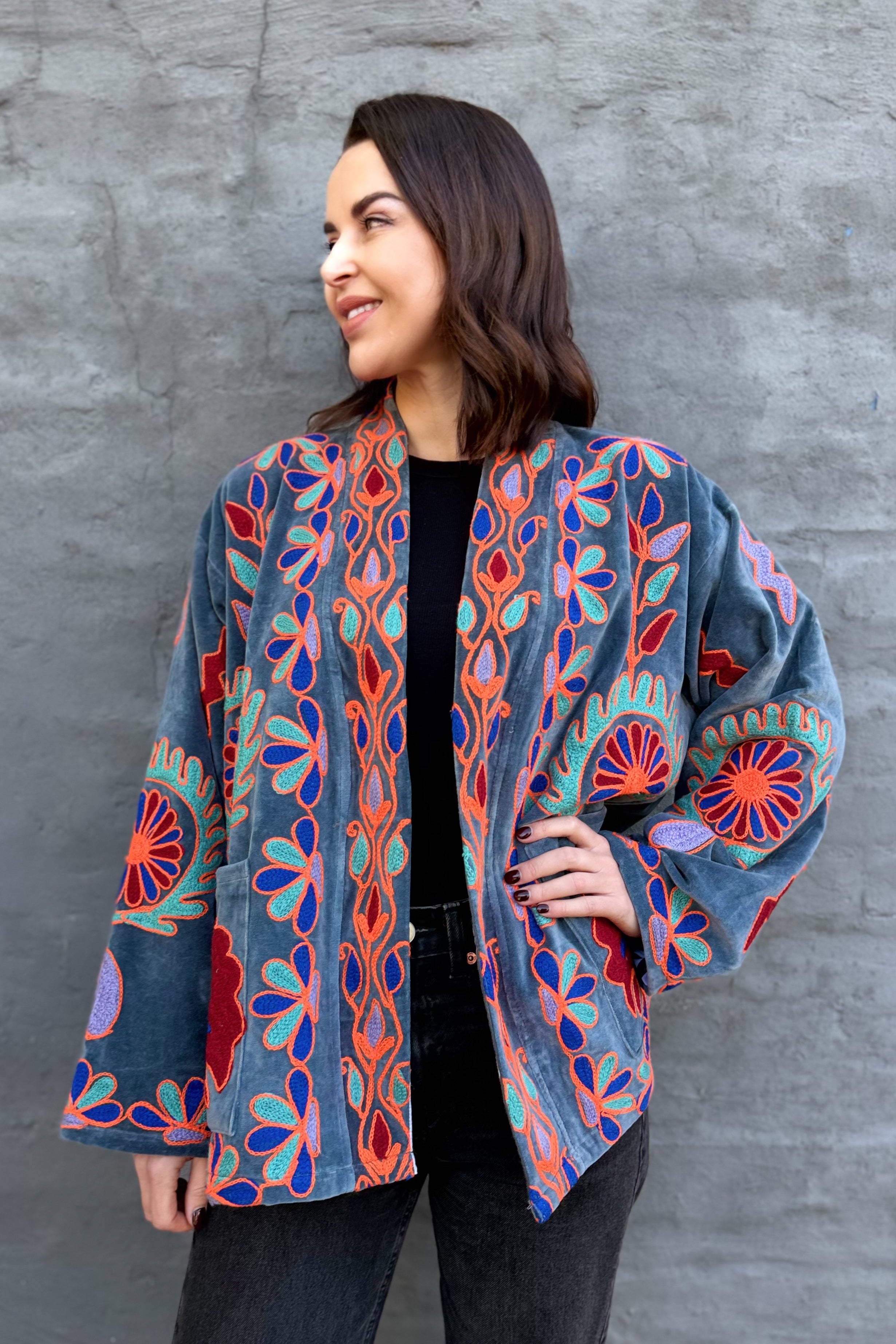 Velvet Suzani Jacket In Granite