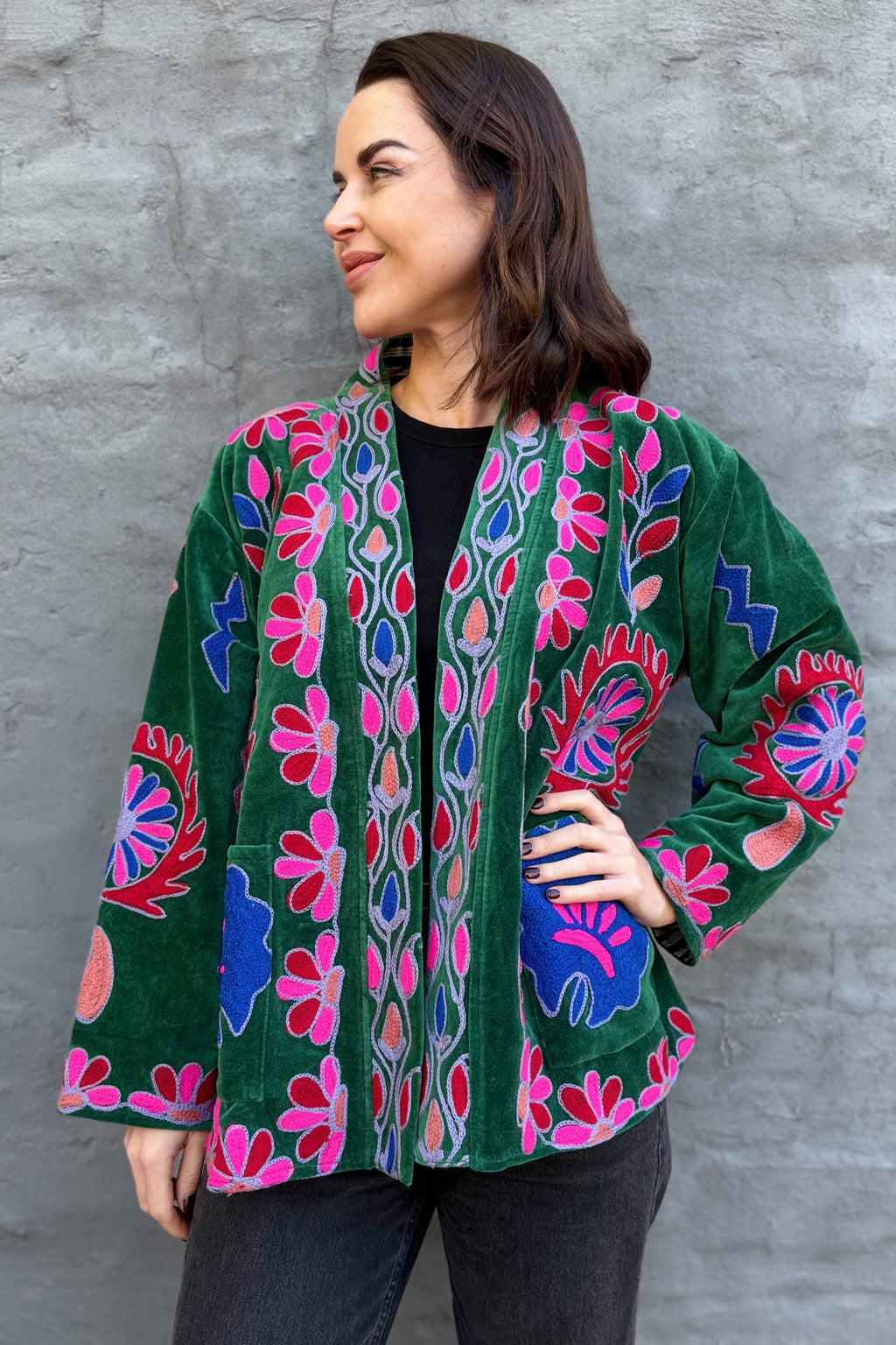 Velvet Suzani Jacket In Hunter Green