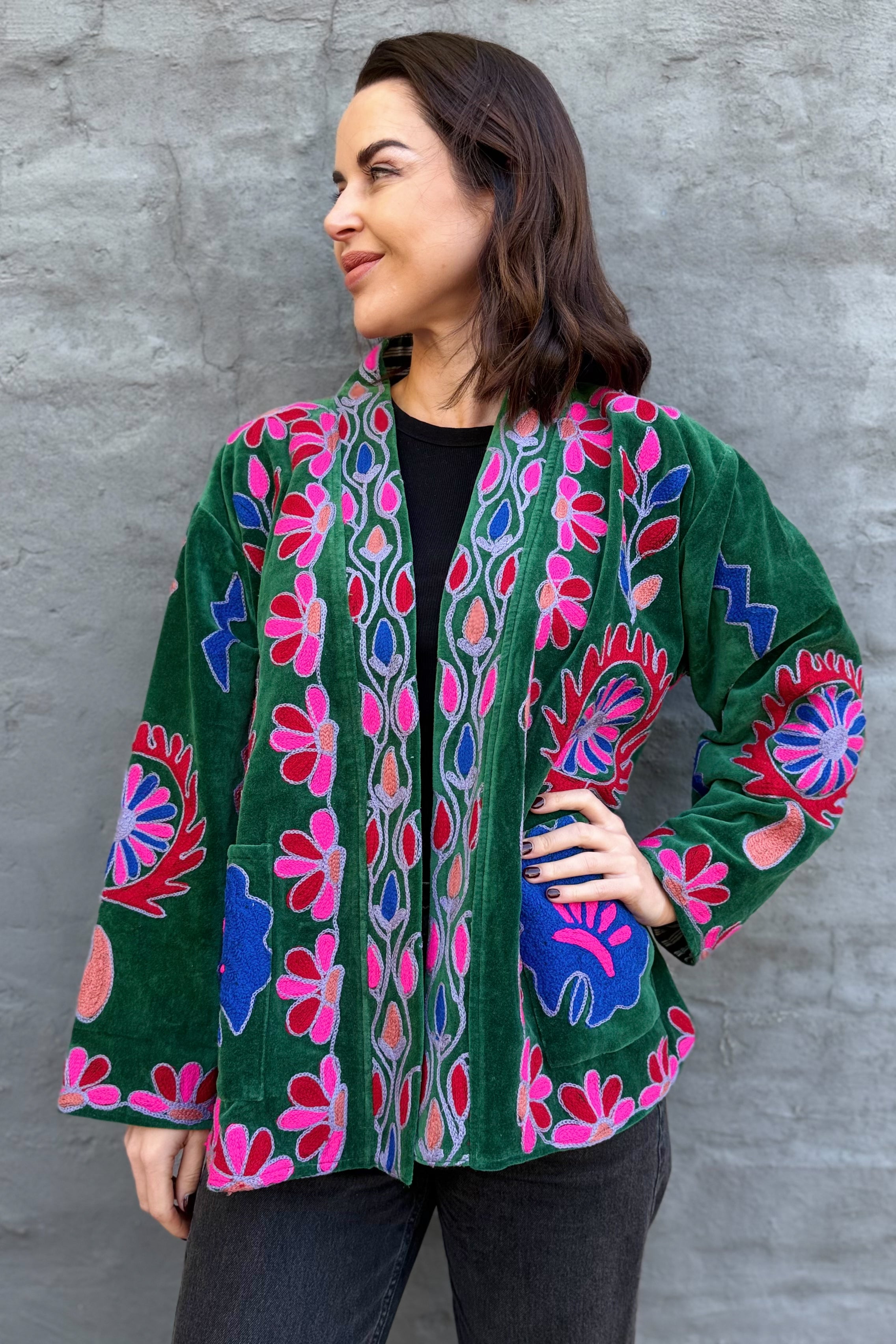 Velvet Suzani Jacket In Hunter Green