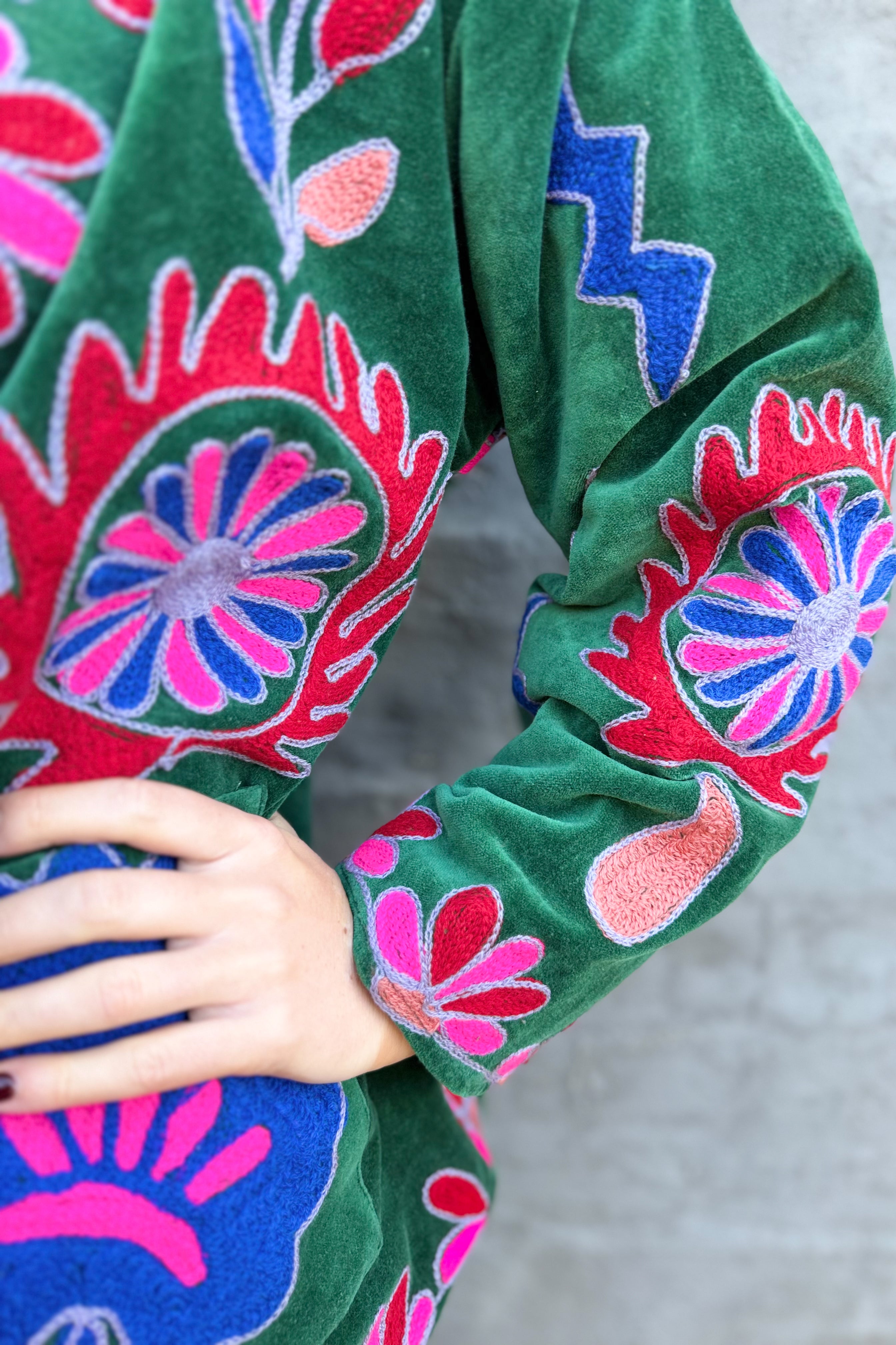 Velvet Suzani Jacket In Hunter Green