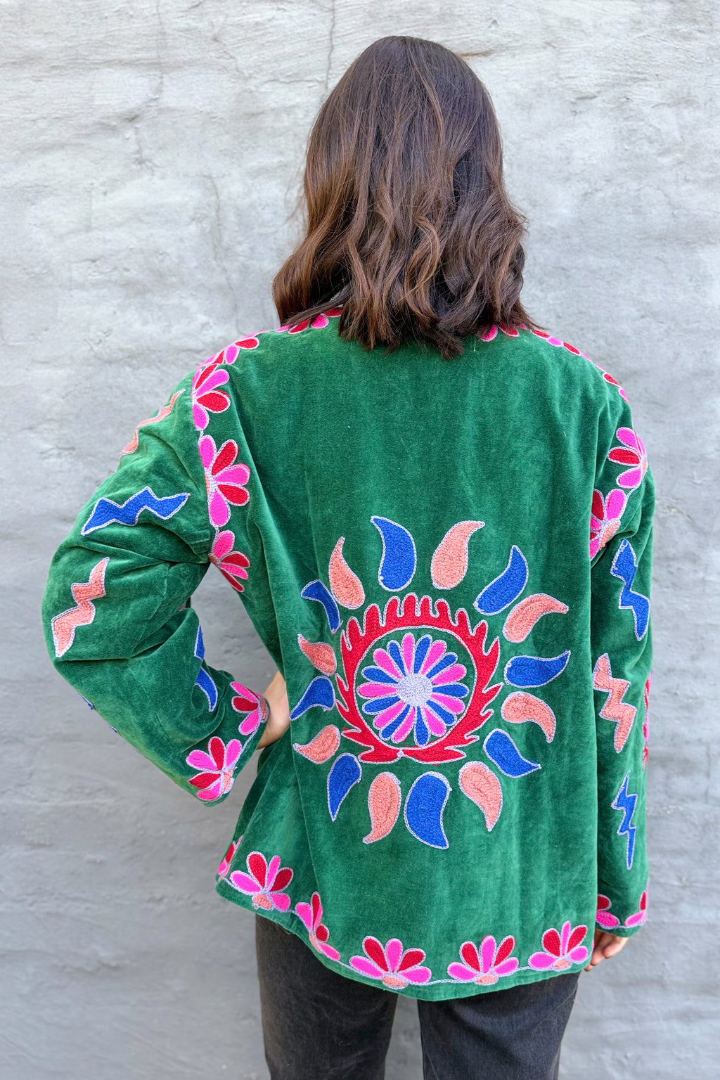 Velvet Suzani Jacket In Hunter Green