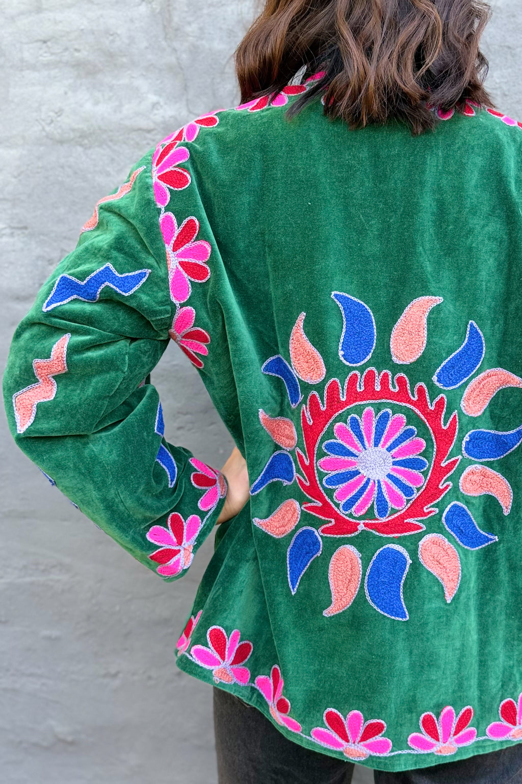 Velvet Suzani Jacket In Hunter Green