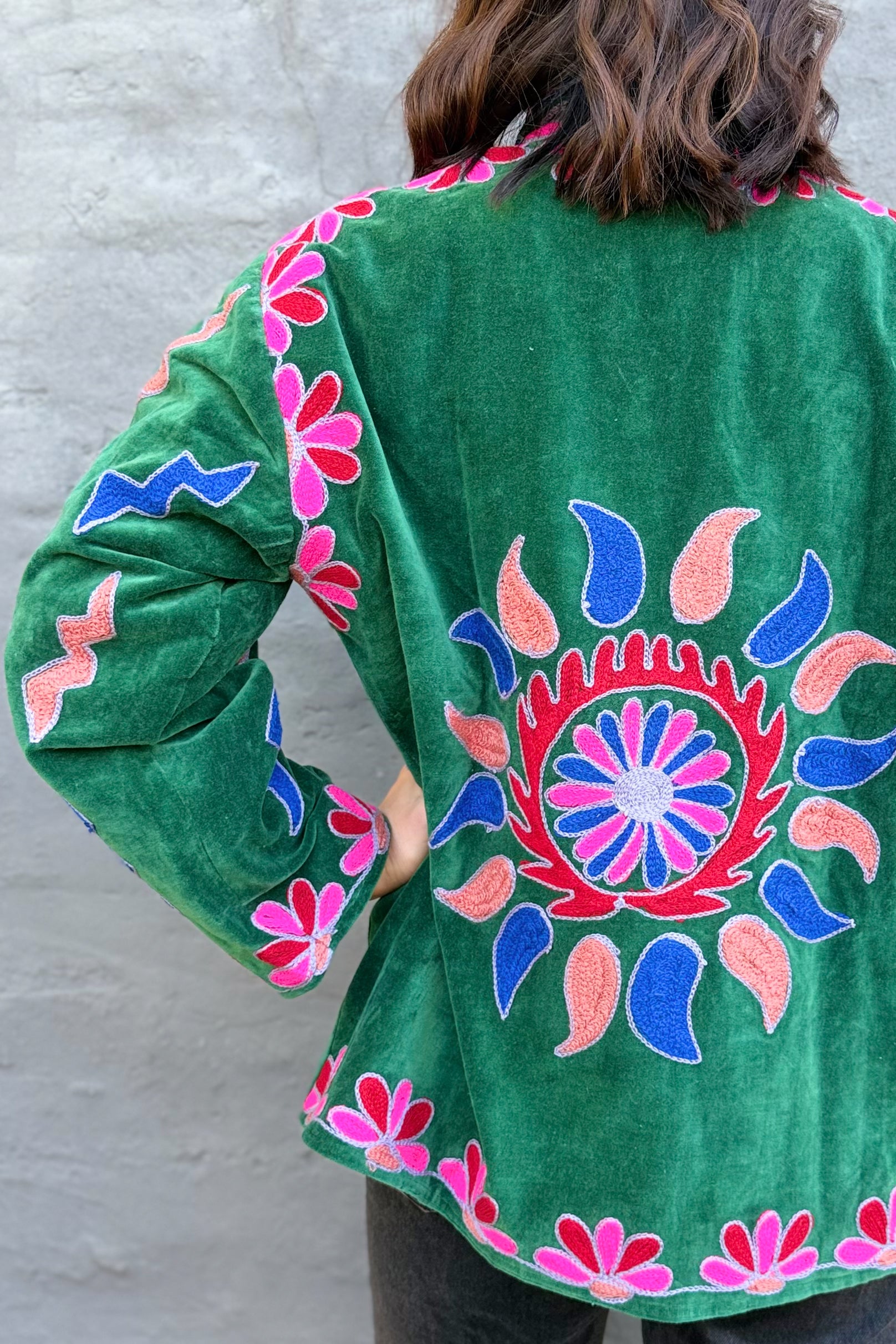 Velvet Suzani Jacket In Hunter Green