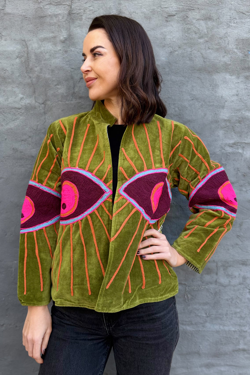 Velvet Suzani Jacket In Olive Eye