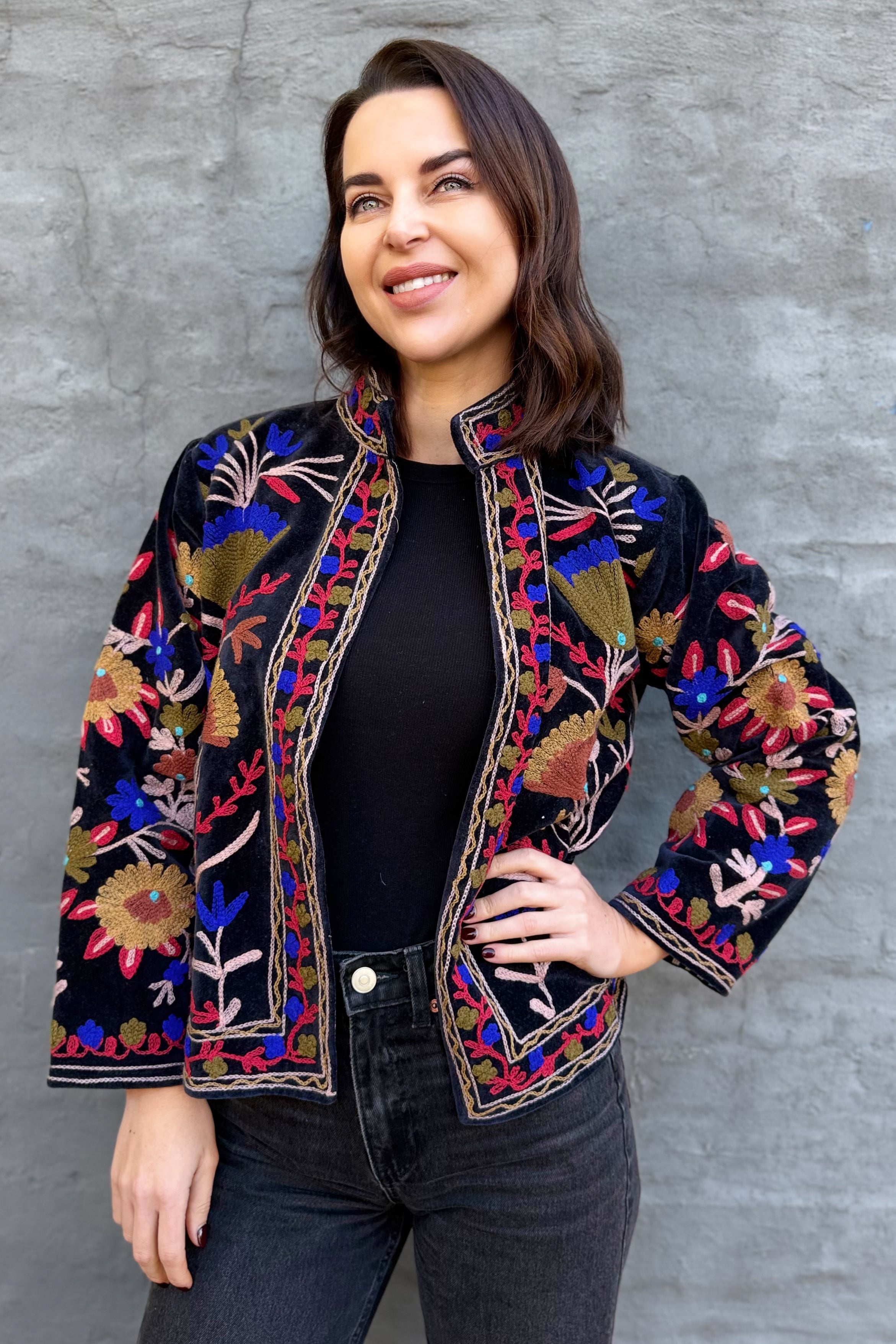 Velvet Suzani Jacket In Black Peat