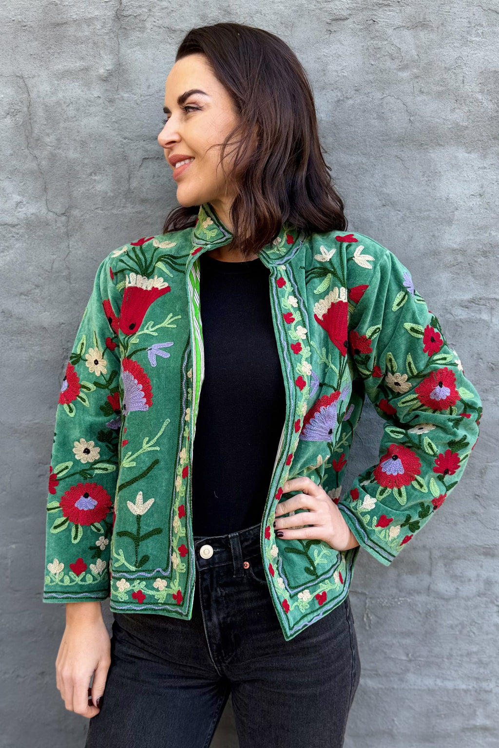 Velvet Suzani Jacket In Creme De Menthe