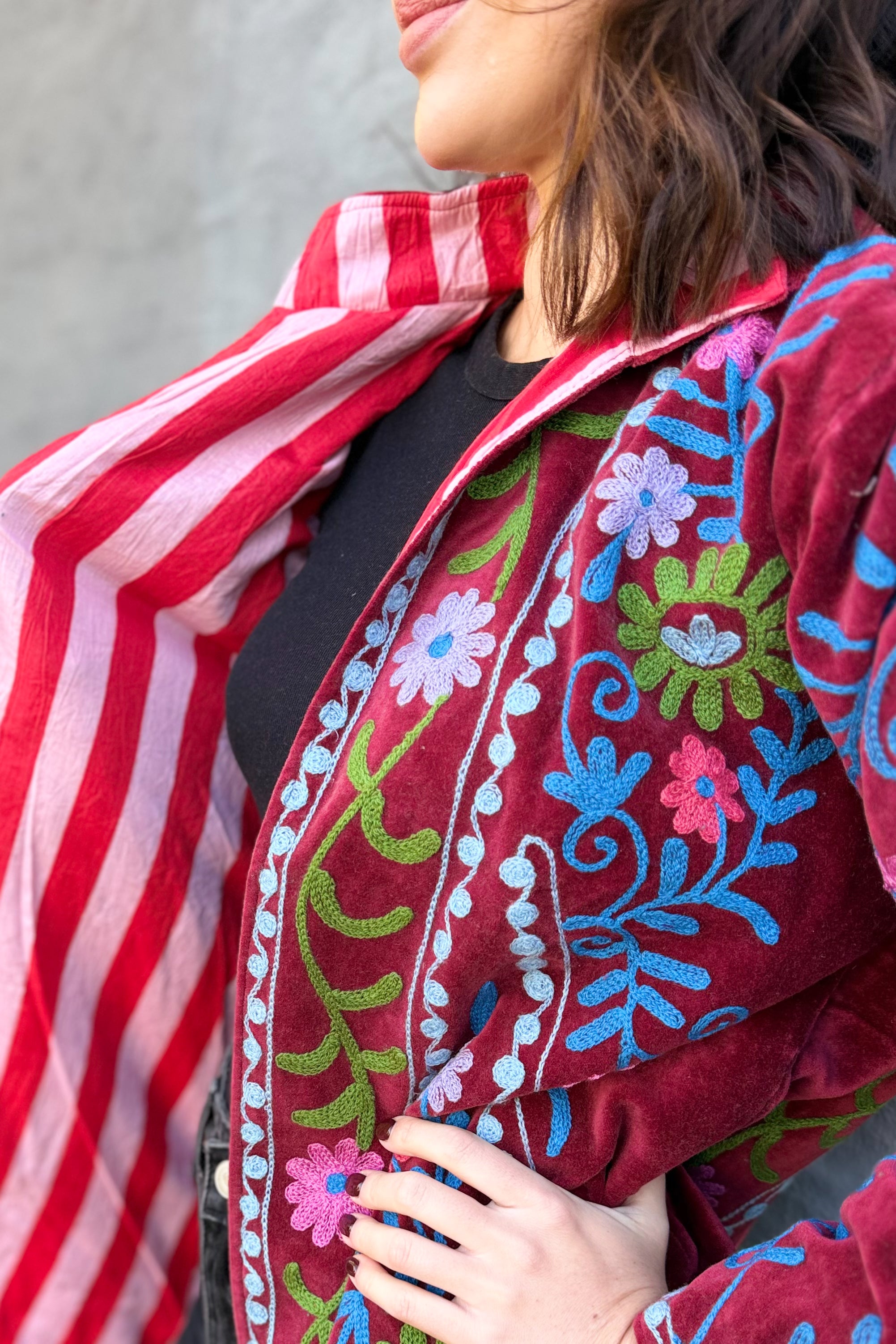 Velvet Suzani Jacket In Rhubarb Red