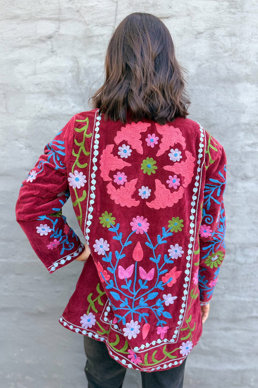 Velvet Suzani Jacket In Rhubarb Red