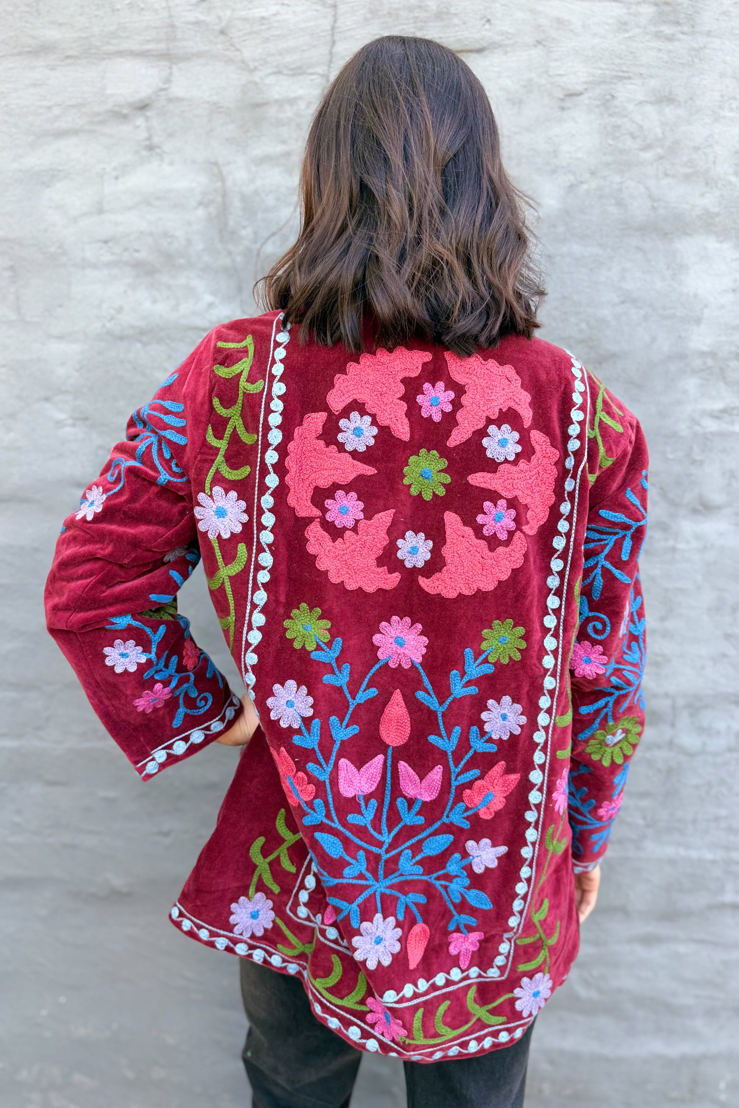 Velvet Suzani Jacket In Rhubarb Red