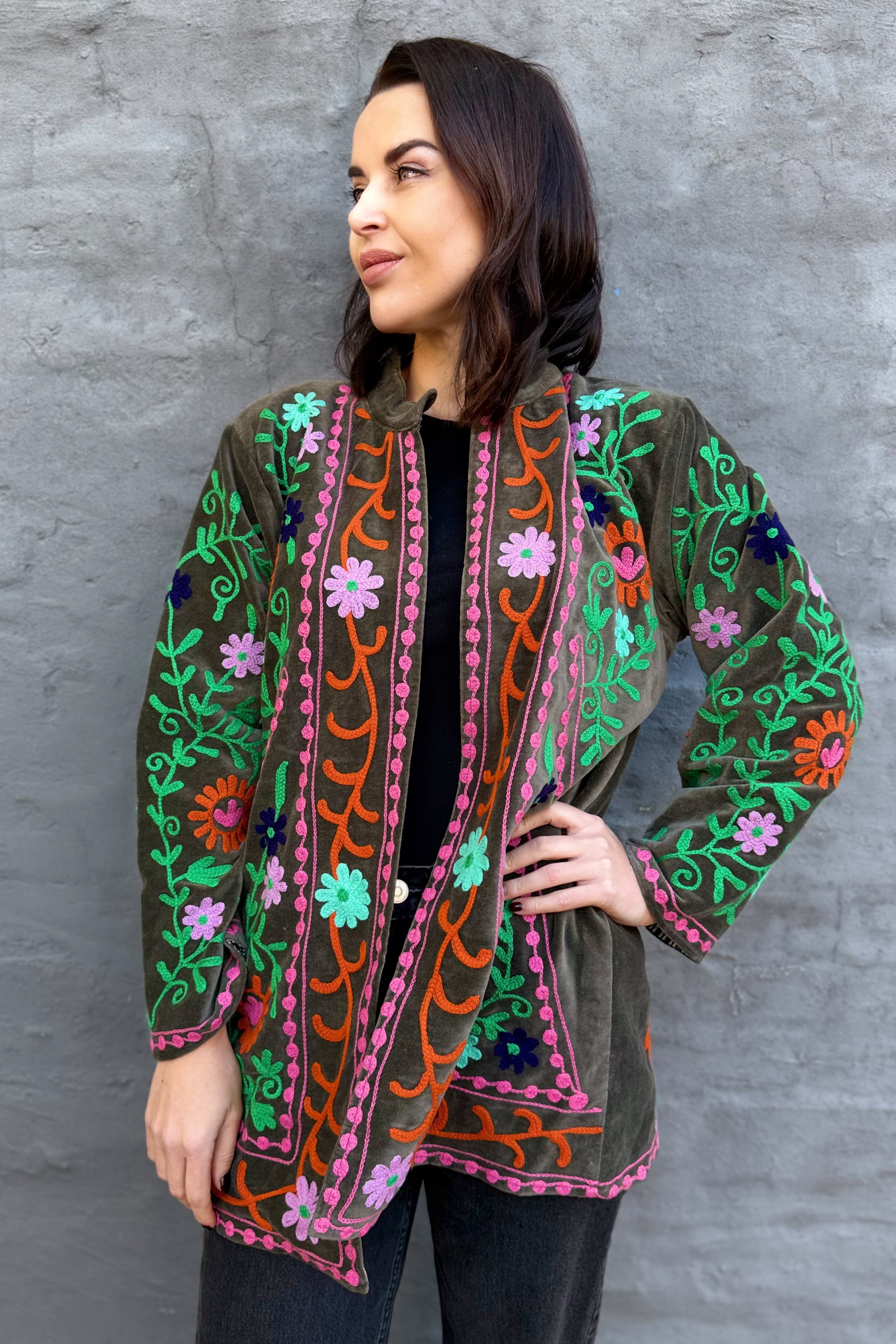 Velvet Suzani Jacket In Agave Green