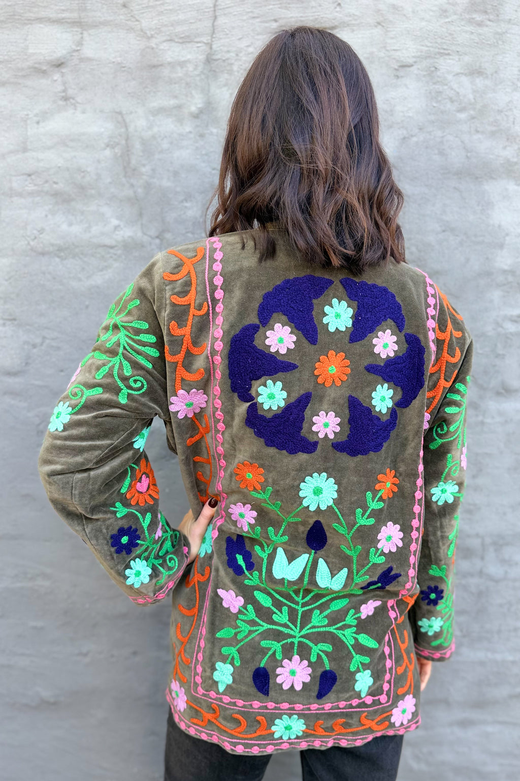 Velvet Suzani Jacket In Agave Green
