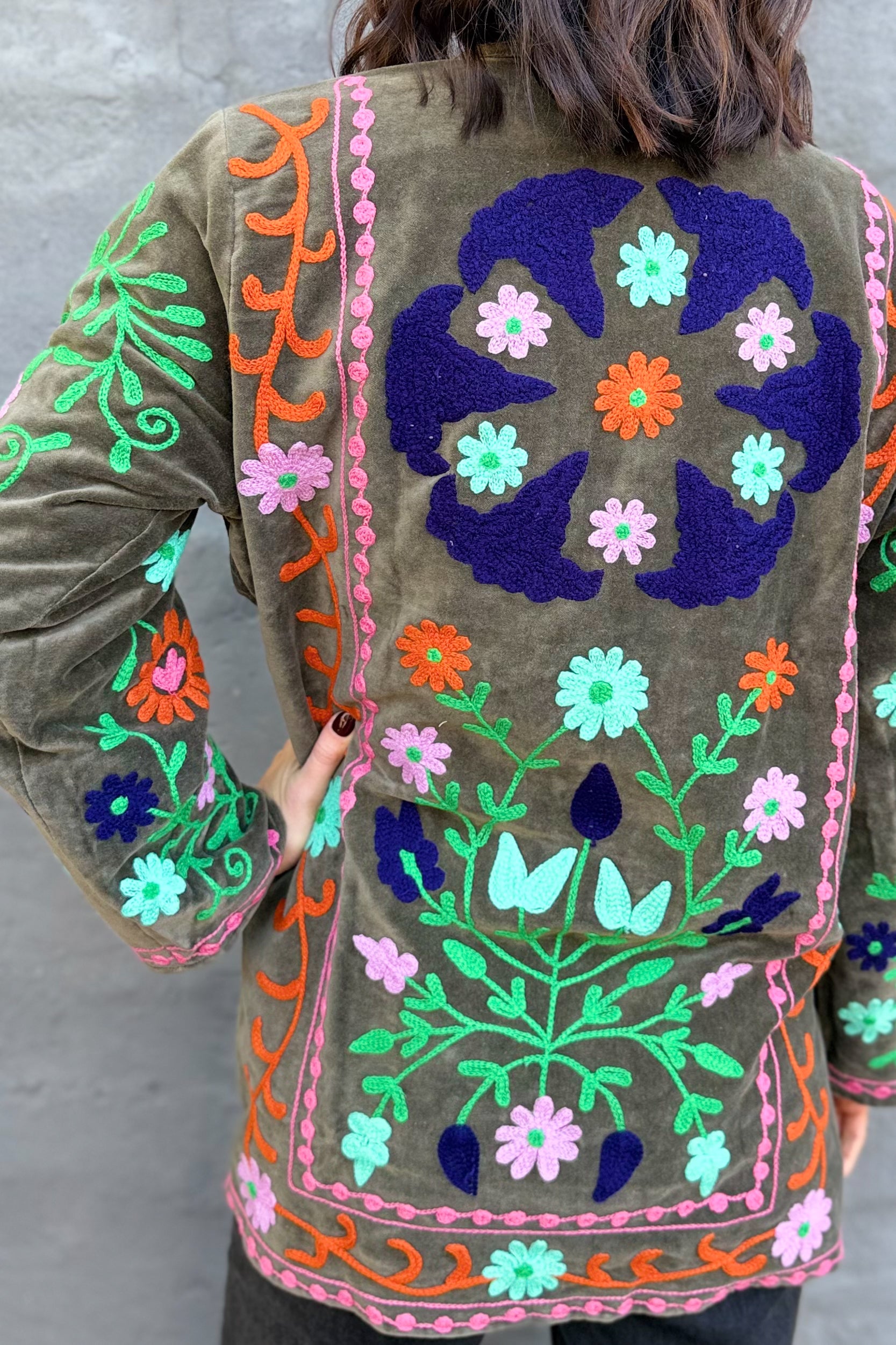 Velvet Suzani Jacket In Agave Green