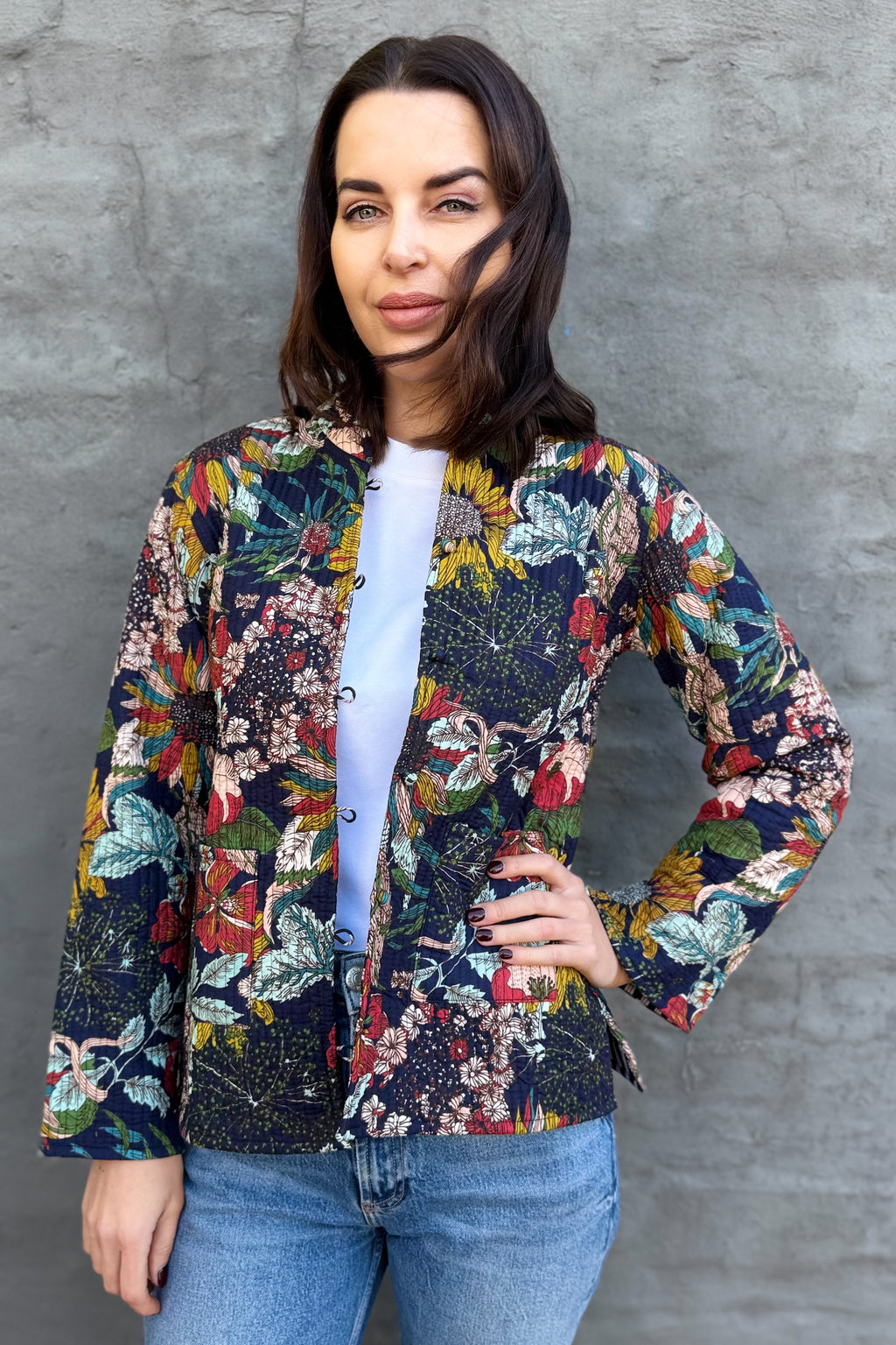 Quilted Cotton Jacket In Navy Botanical