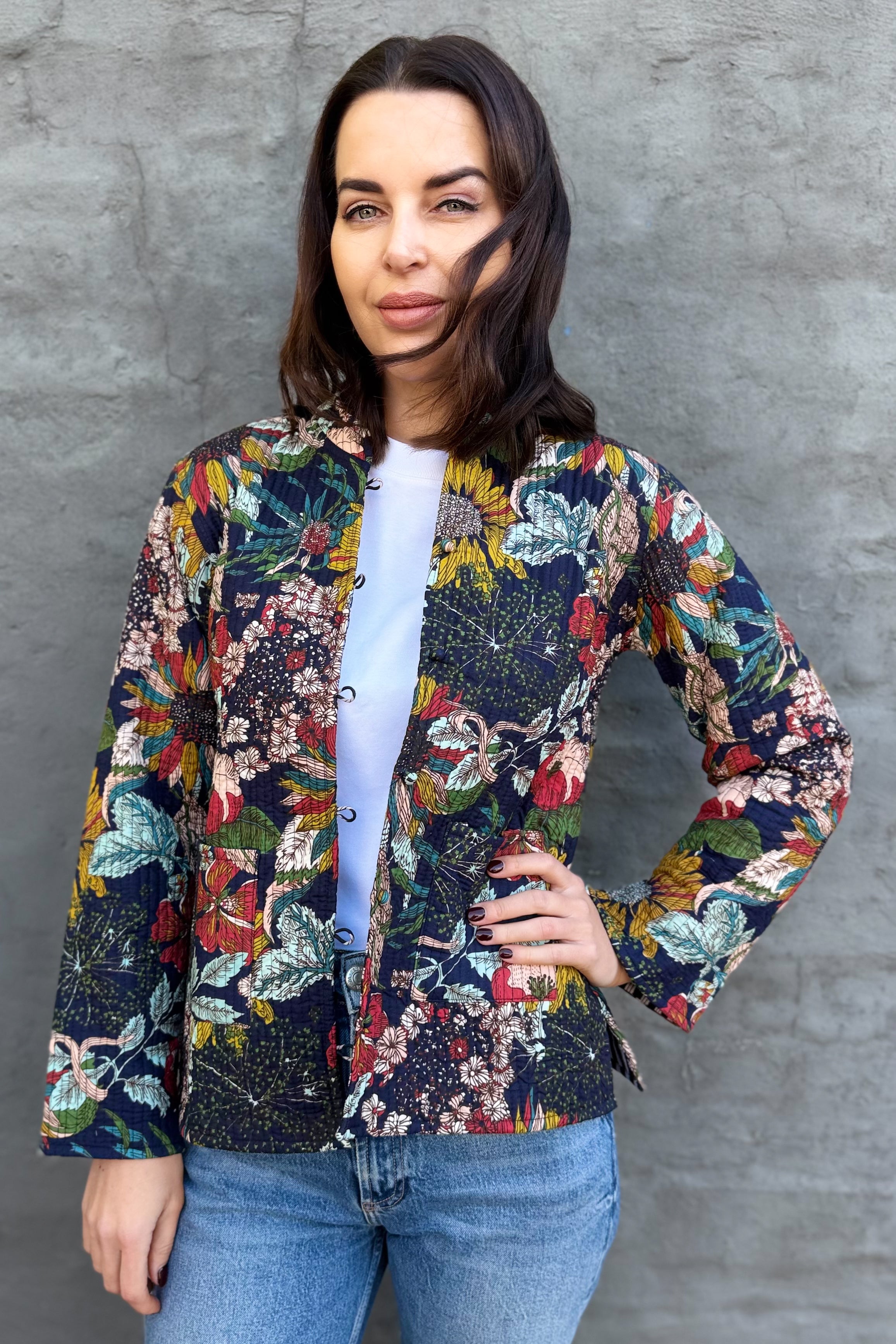 Quilted Cotton Jacket In Navy Botanical