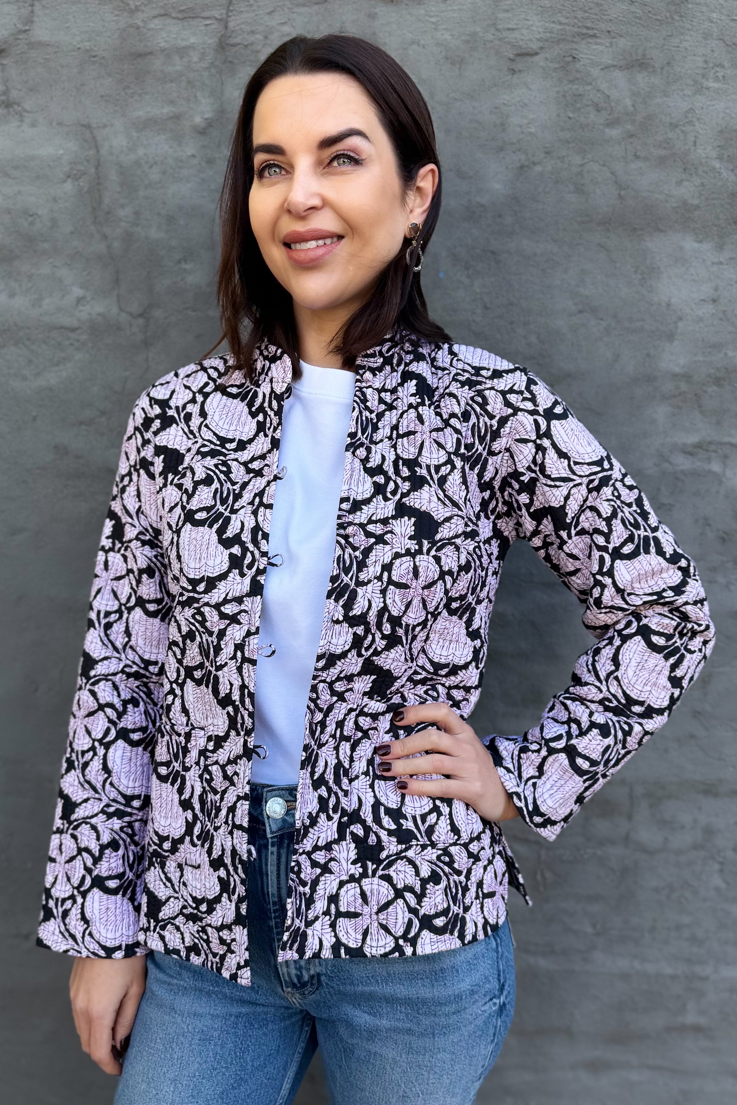 Quilted Cotton Jacket In Ebony Floral