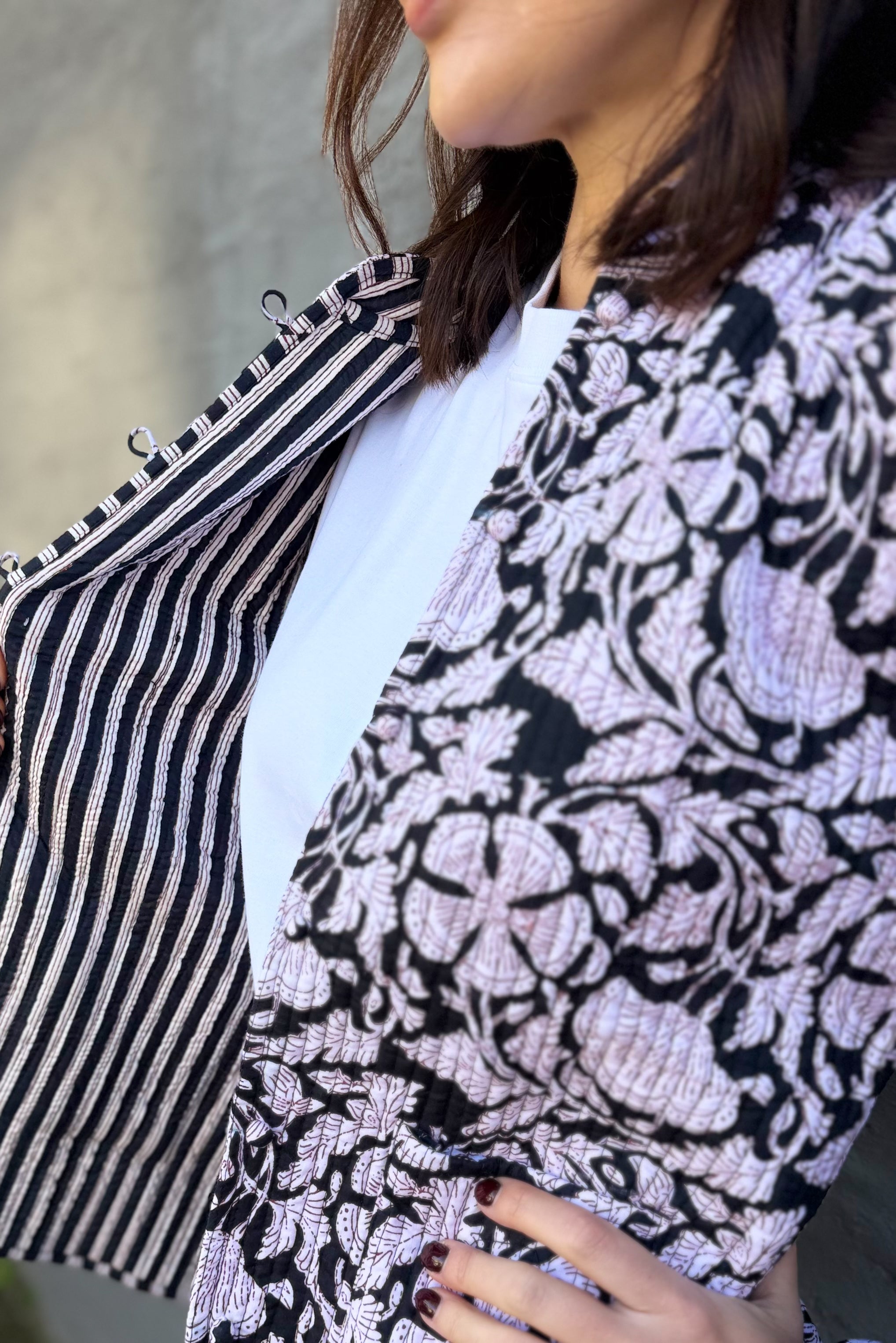 Quilted Cotton Jacket In Ebony Floral