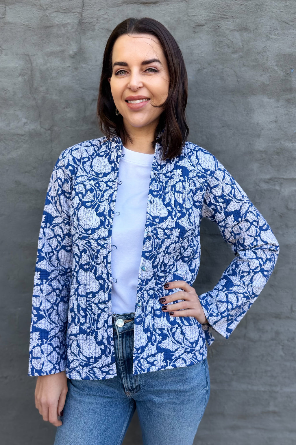 Quilted Cotton Jacket In Lapis Floral