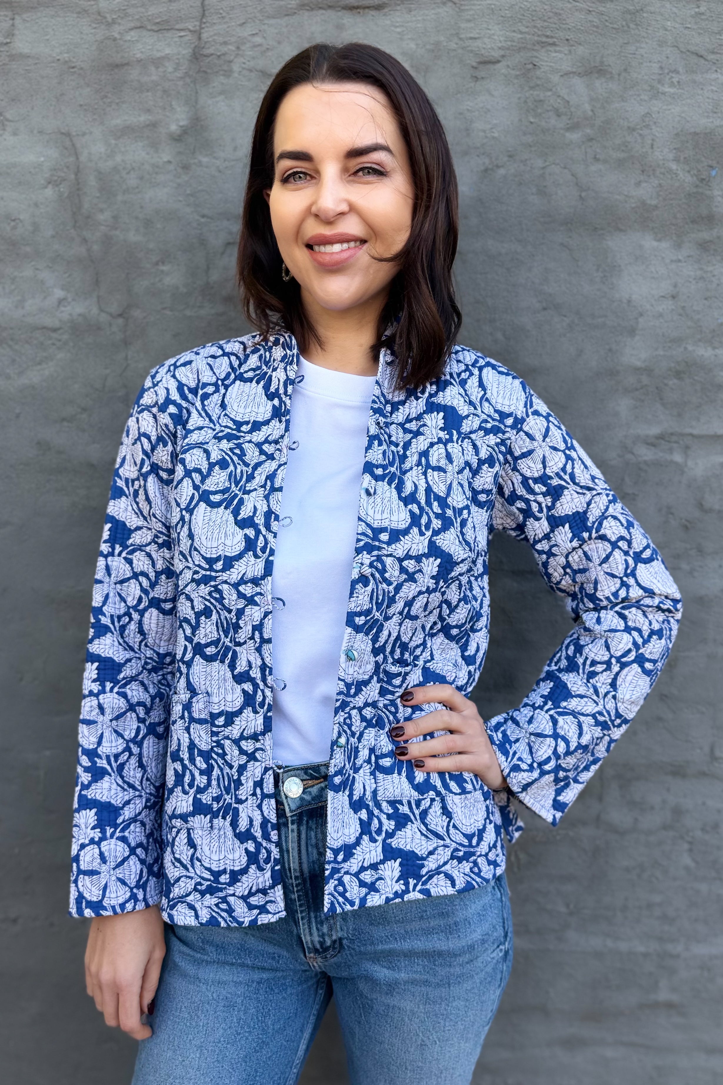 Quilted Cotton Jacket In Lapis Floral