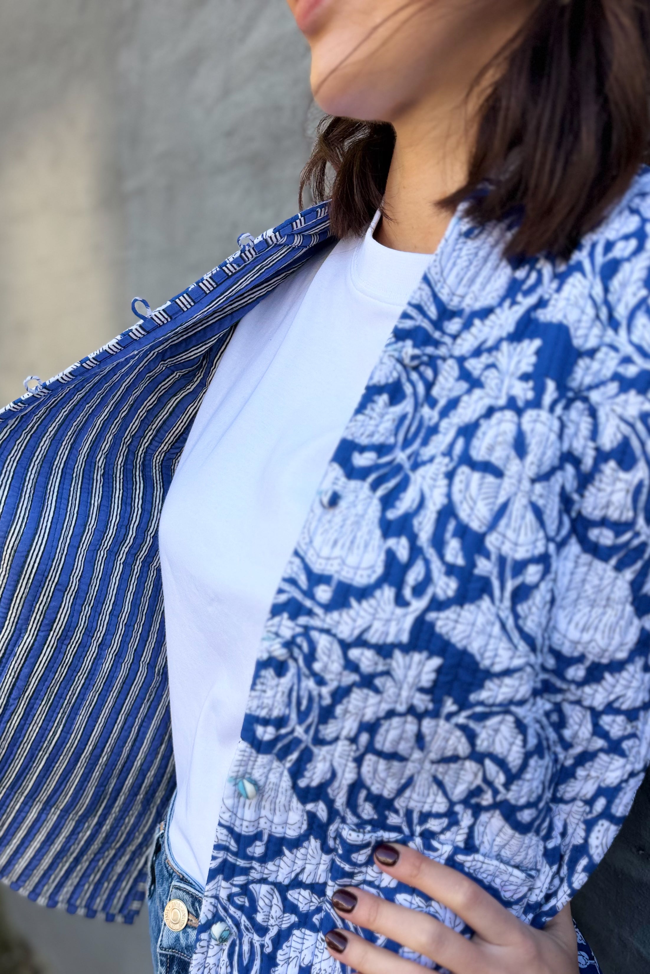 Quilted Cotton Jacket In Lapis Floral