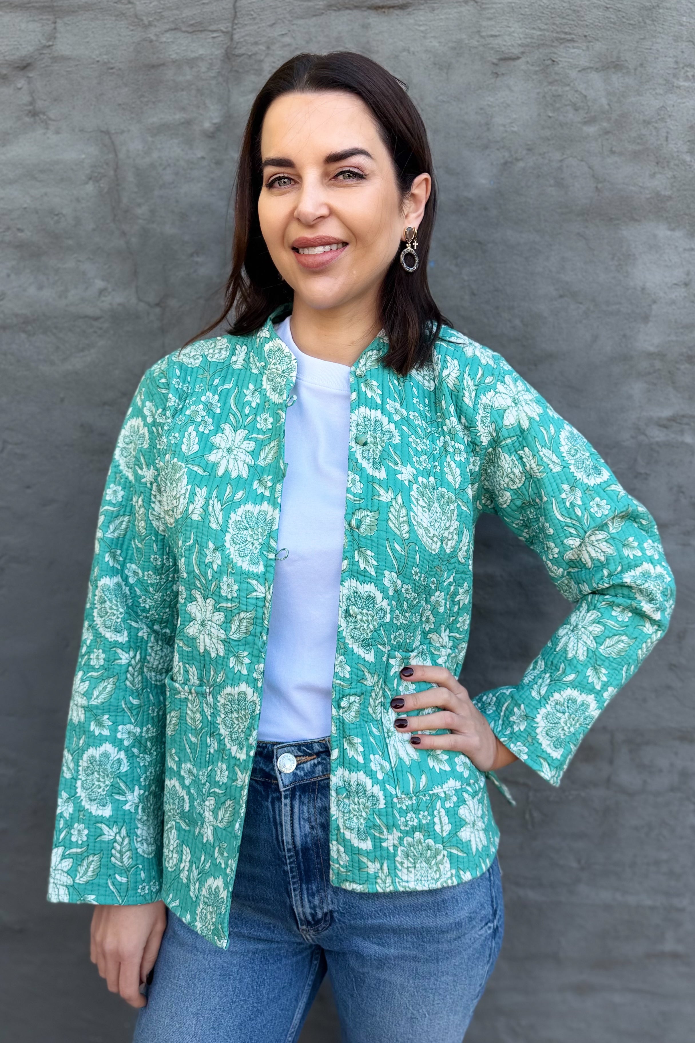 Quilted Cotton Jacket In Turquoise Botanical