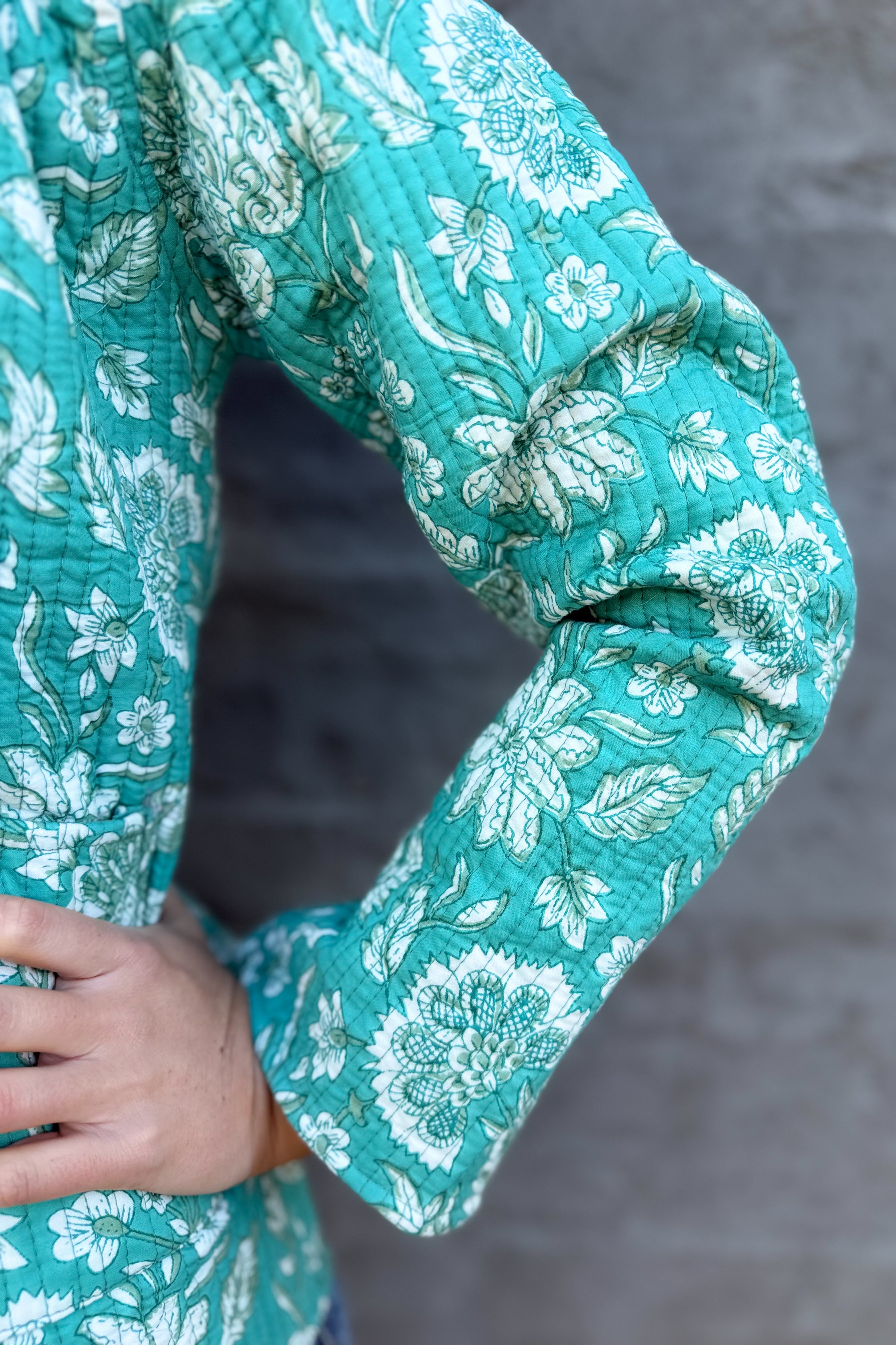 Quilted Cotton Jacket In Turquoise Botanical