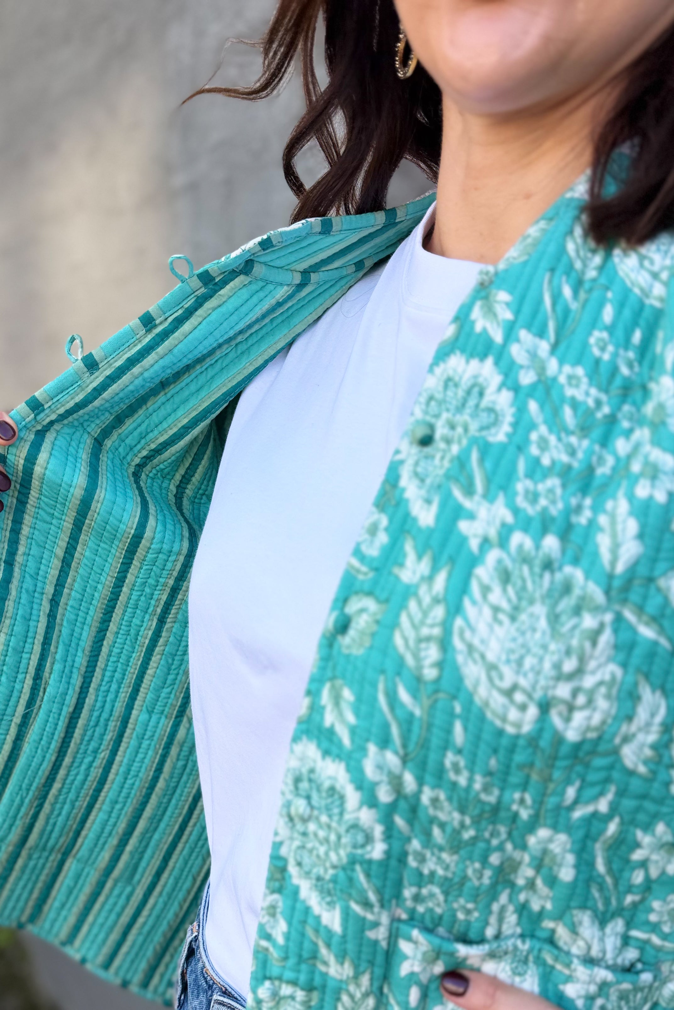 Quilted Cotton Jacket In Turquoise Botanical