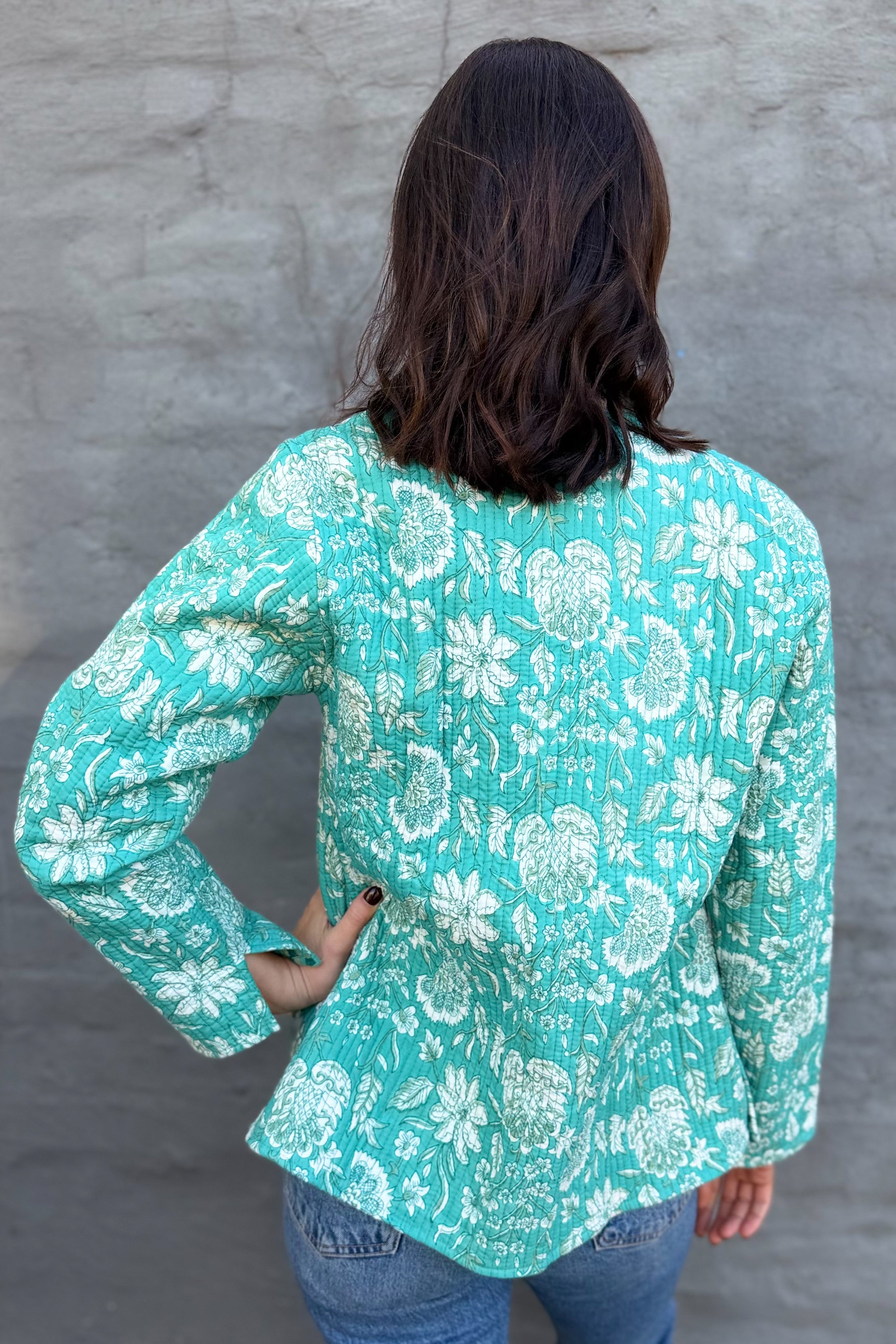 Quilted Cotton Jacket In Turquoise Botanical