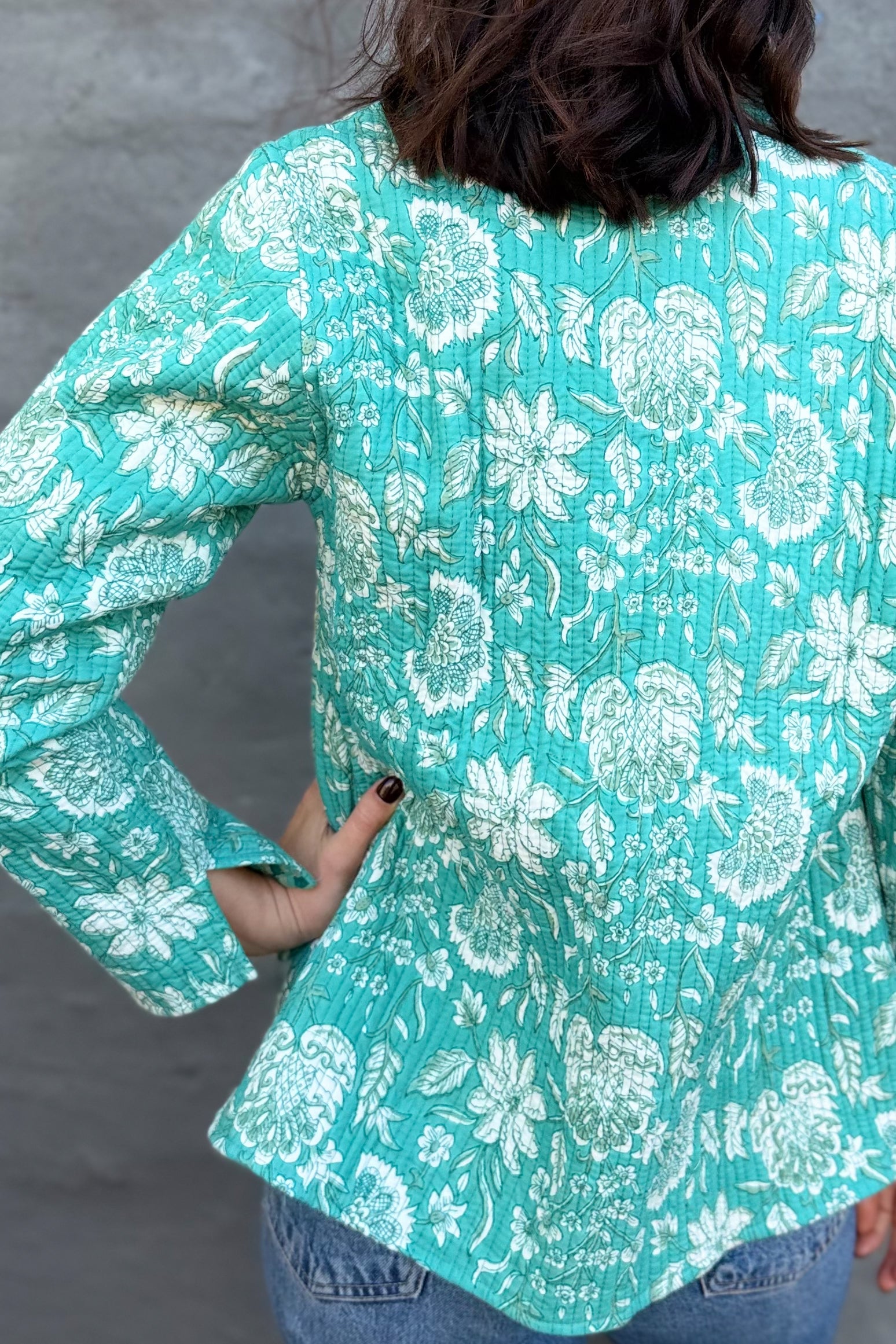 Quilted Cotton Jacket In Turquoise Botanical