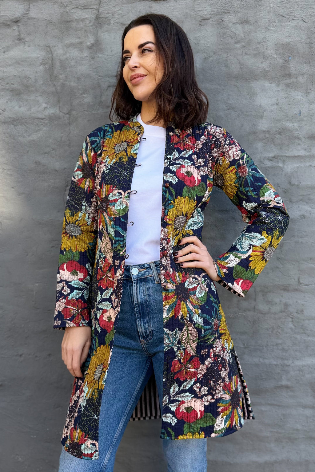 Quilted Cotton Coat In Navy Botanical