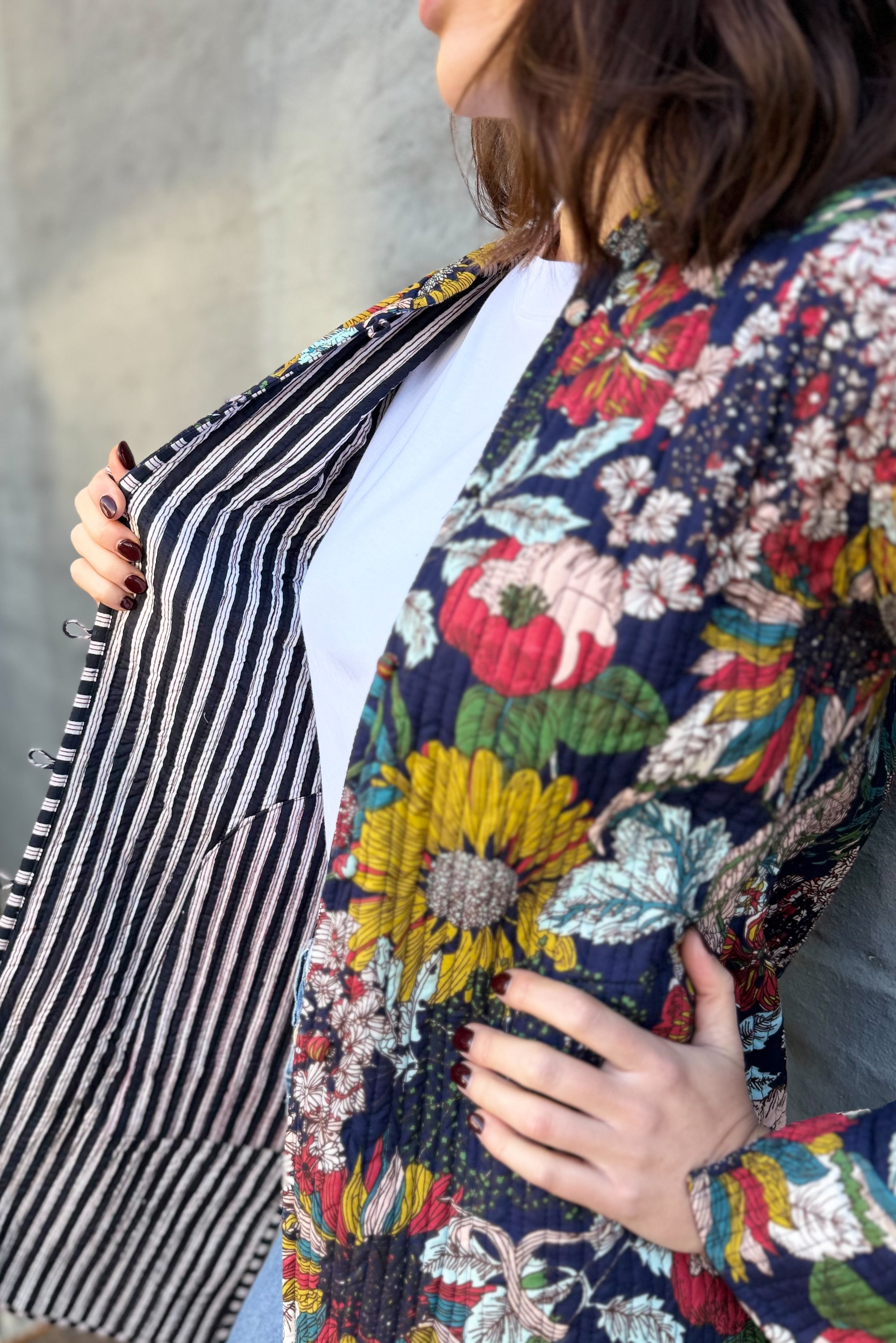Quilted Cotton Coat In Navy Botanical