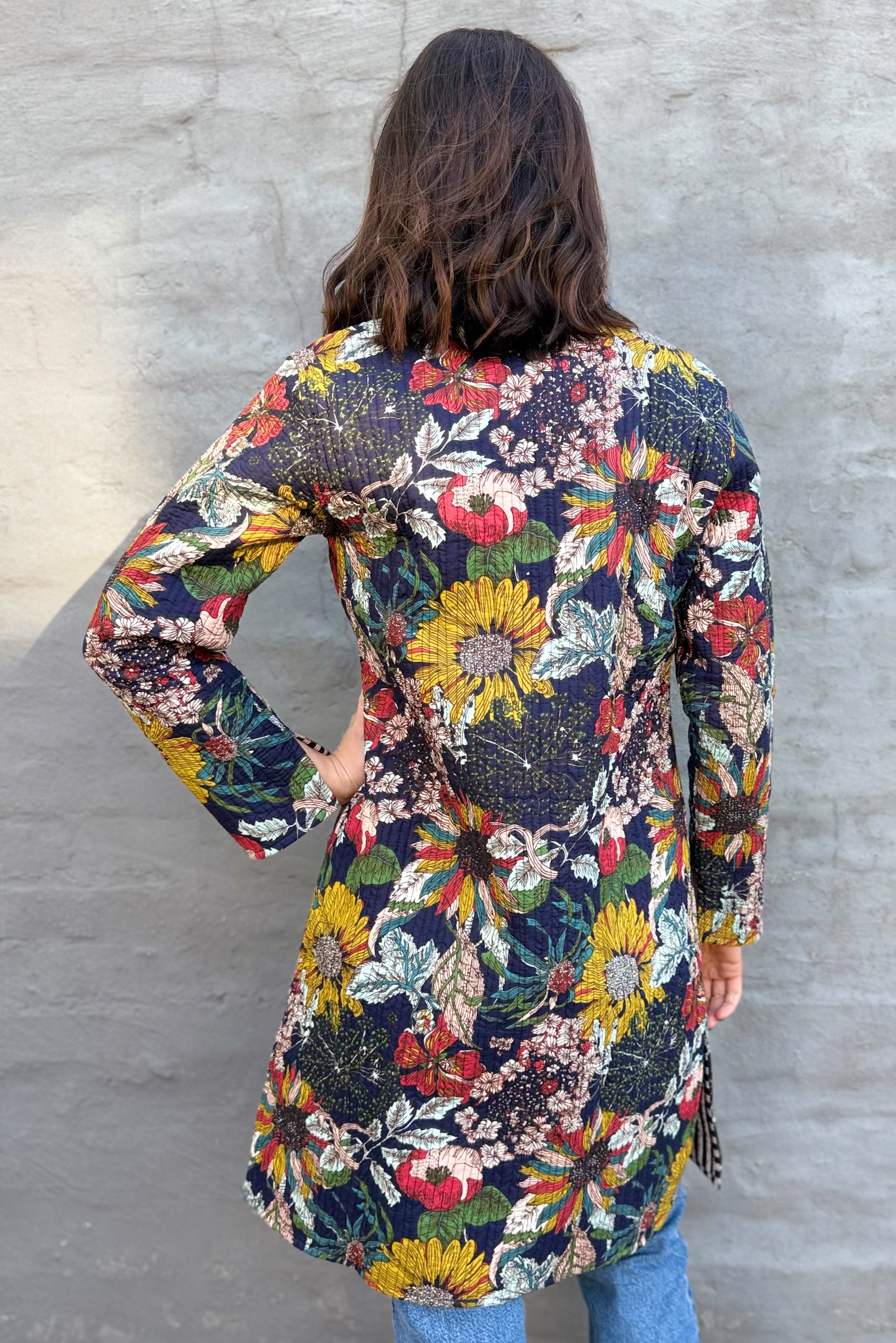 Quilted Cotton Coat In Navy Botanical