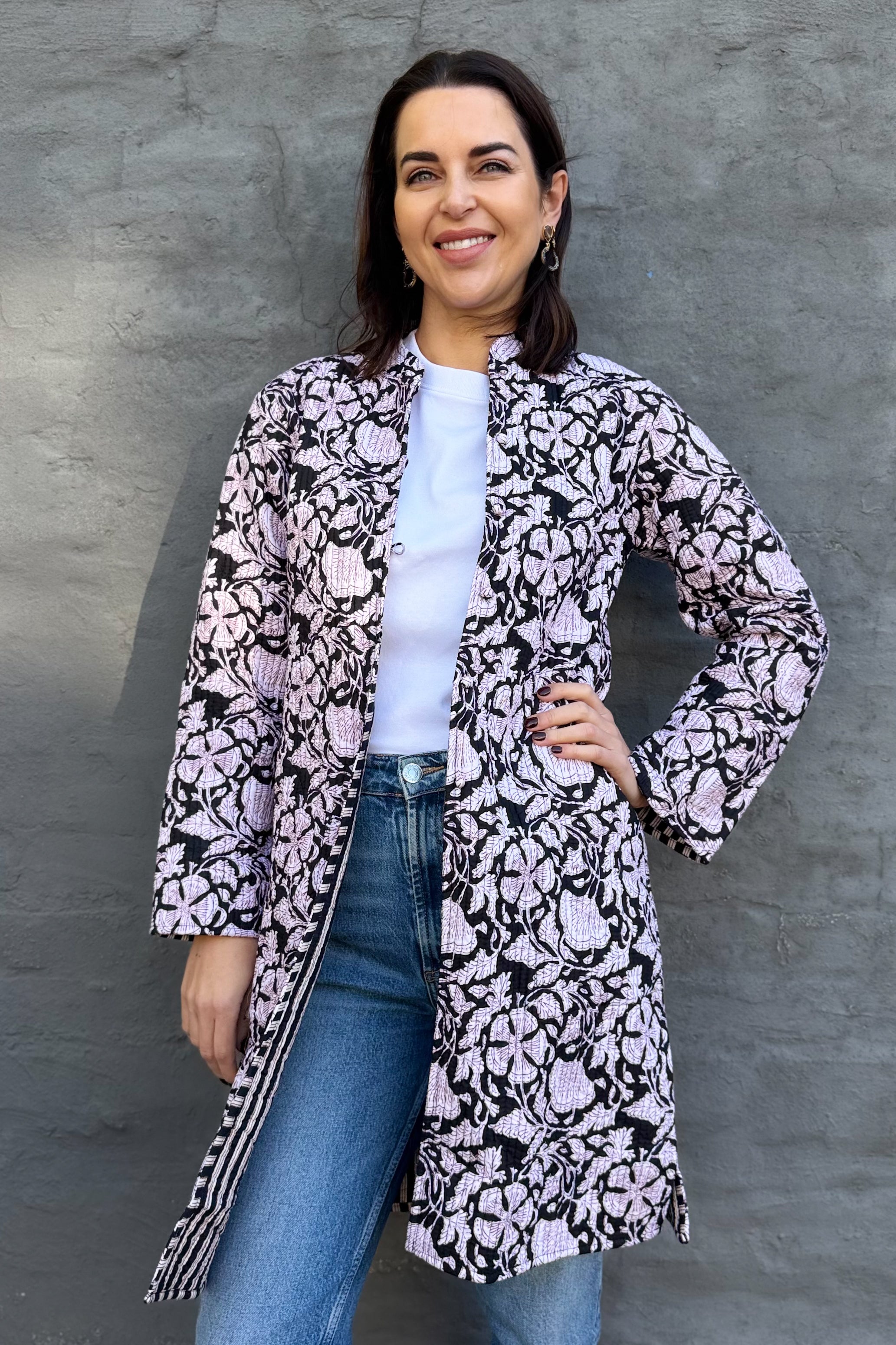 Quilted Cotton Coat In Ebony Floral