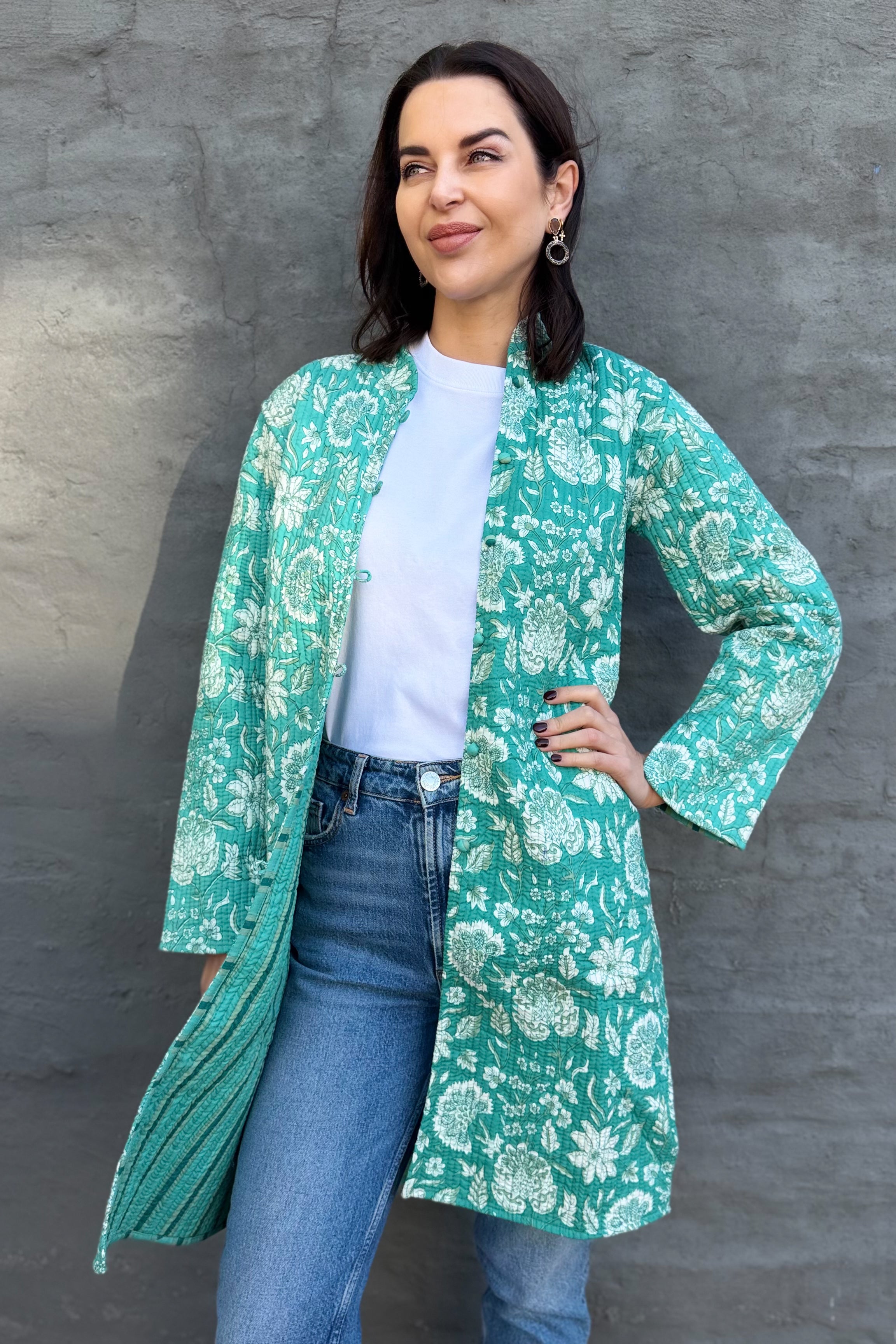 Quilted Cotton Coat In Turquoise Botanical