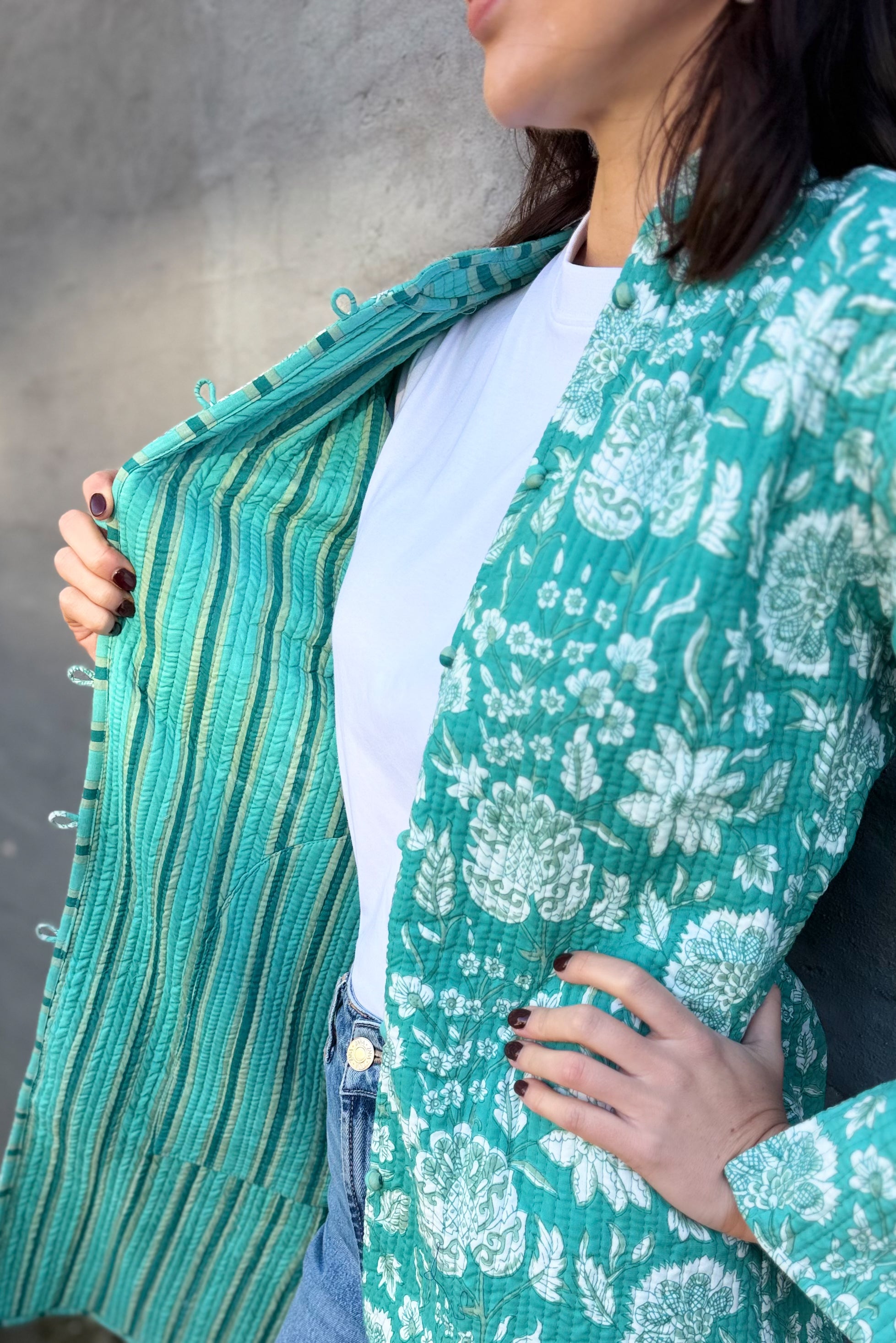 Quilted Cotton Coat In Turquoise Botanical