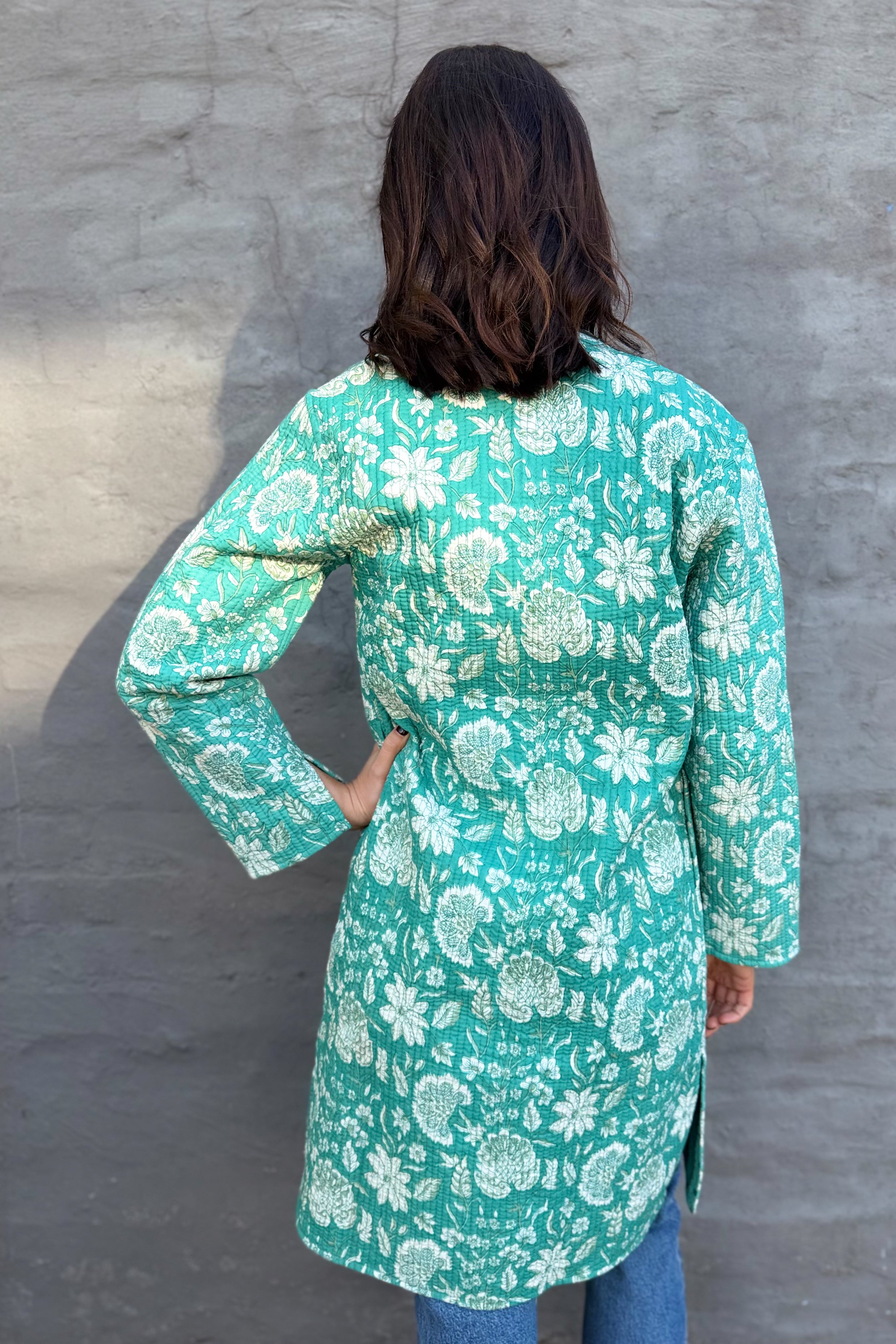 Quilted Cotton Coat In Turquoise Botanical