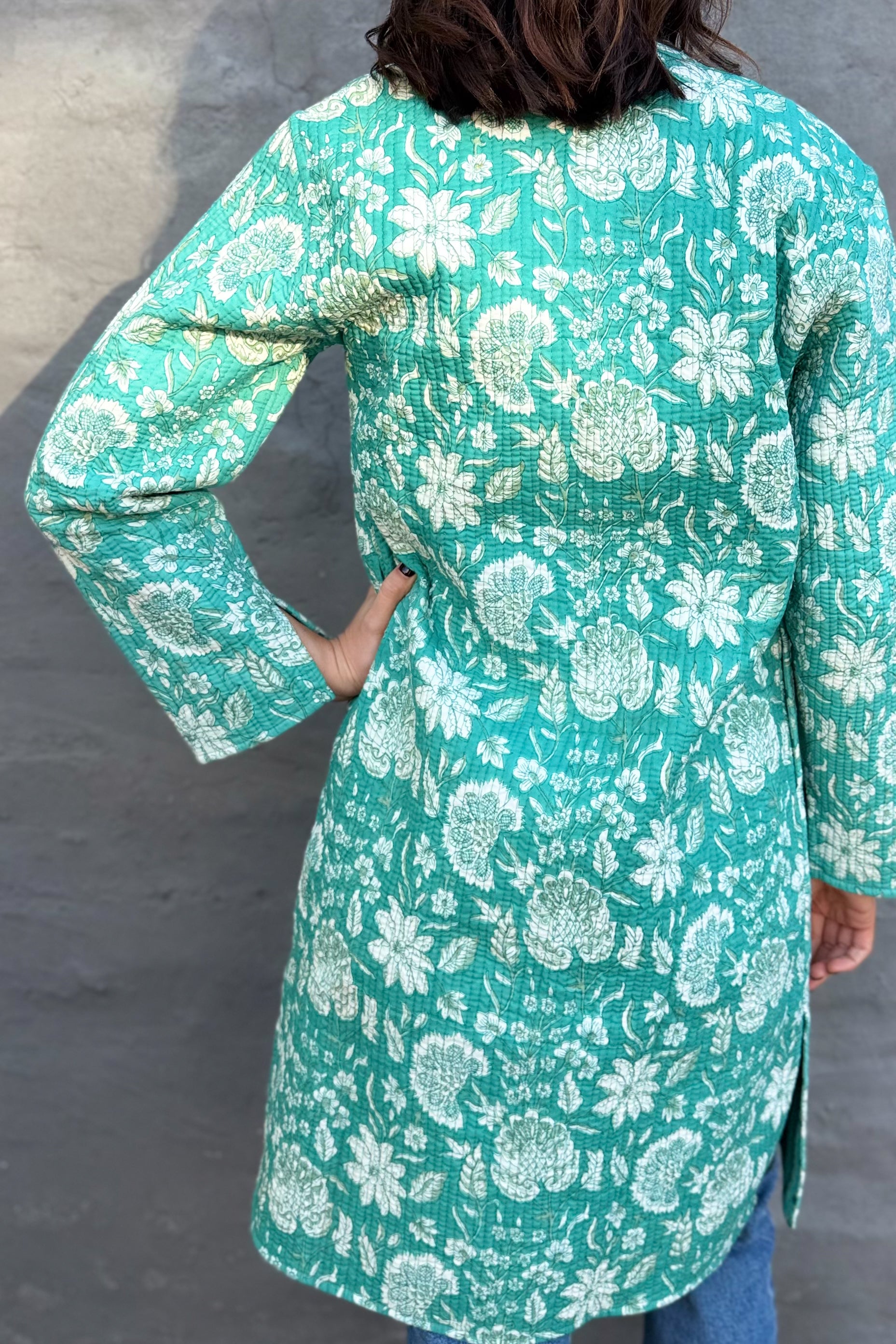 Quilted Cotton Coat In Turquoise Botanical