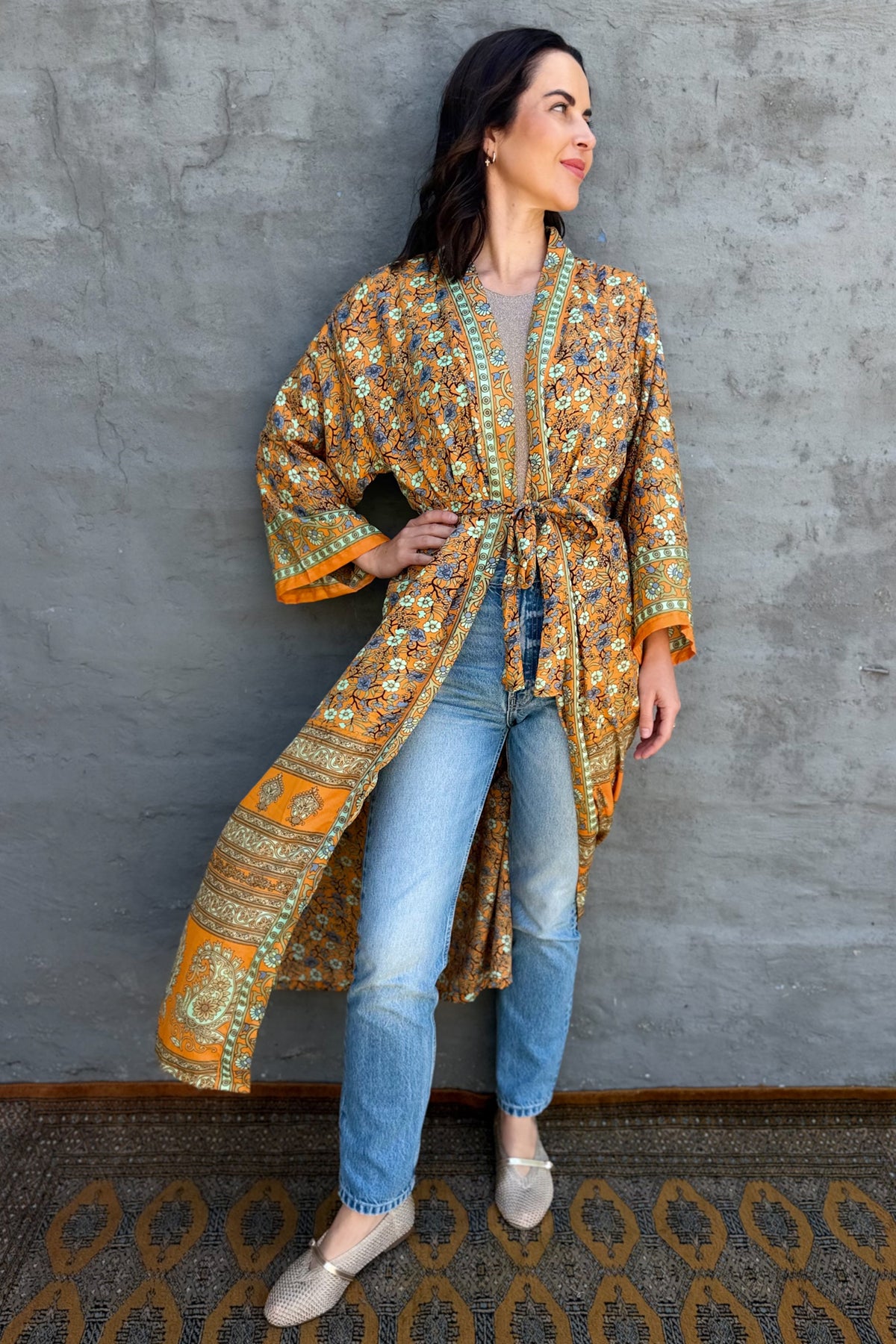 Upcycled Silk Sari Kimono In Retro Orange