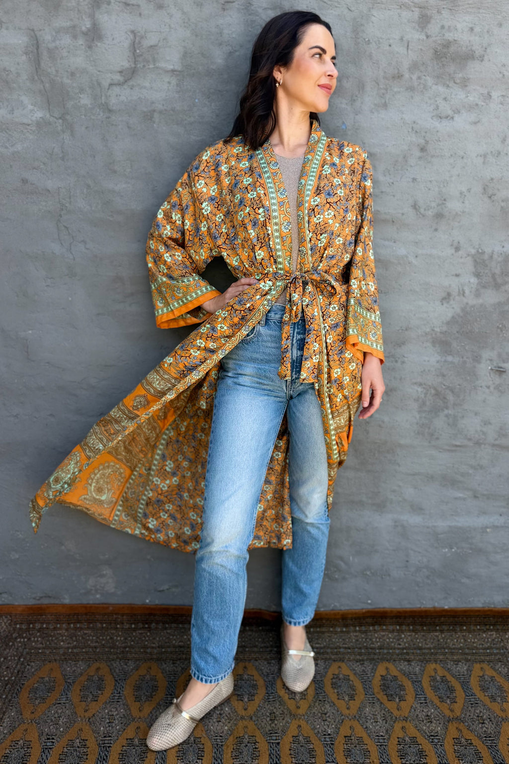Upcycled Silk Sari Kimono In Retro Orange