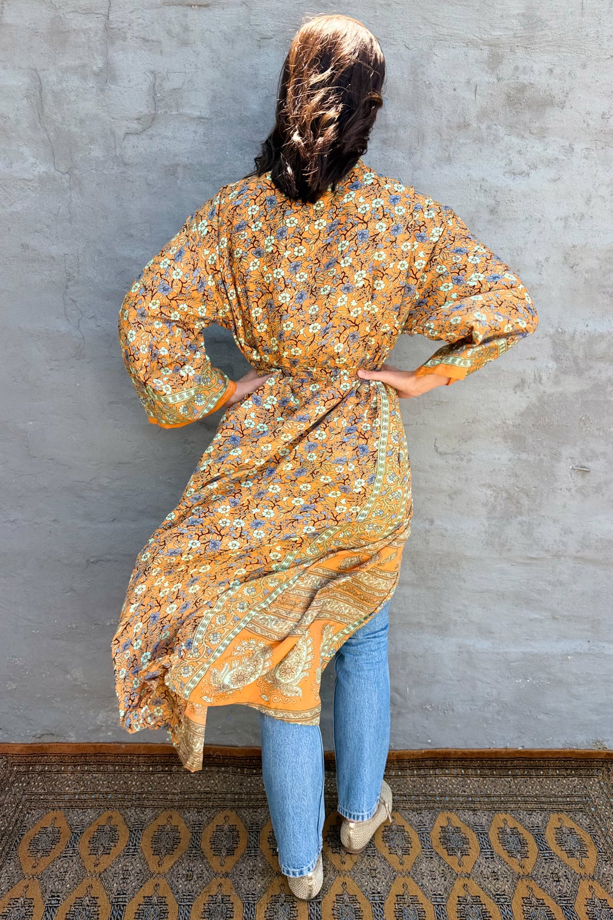 Upcycled Silk Sari Kimono In Retro Orange
