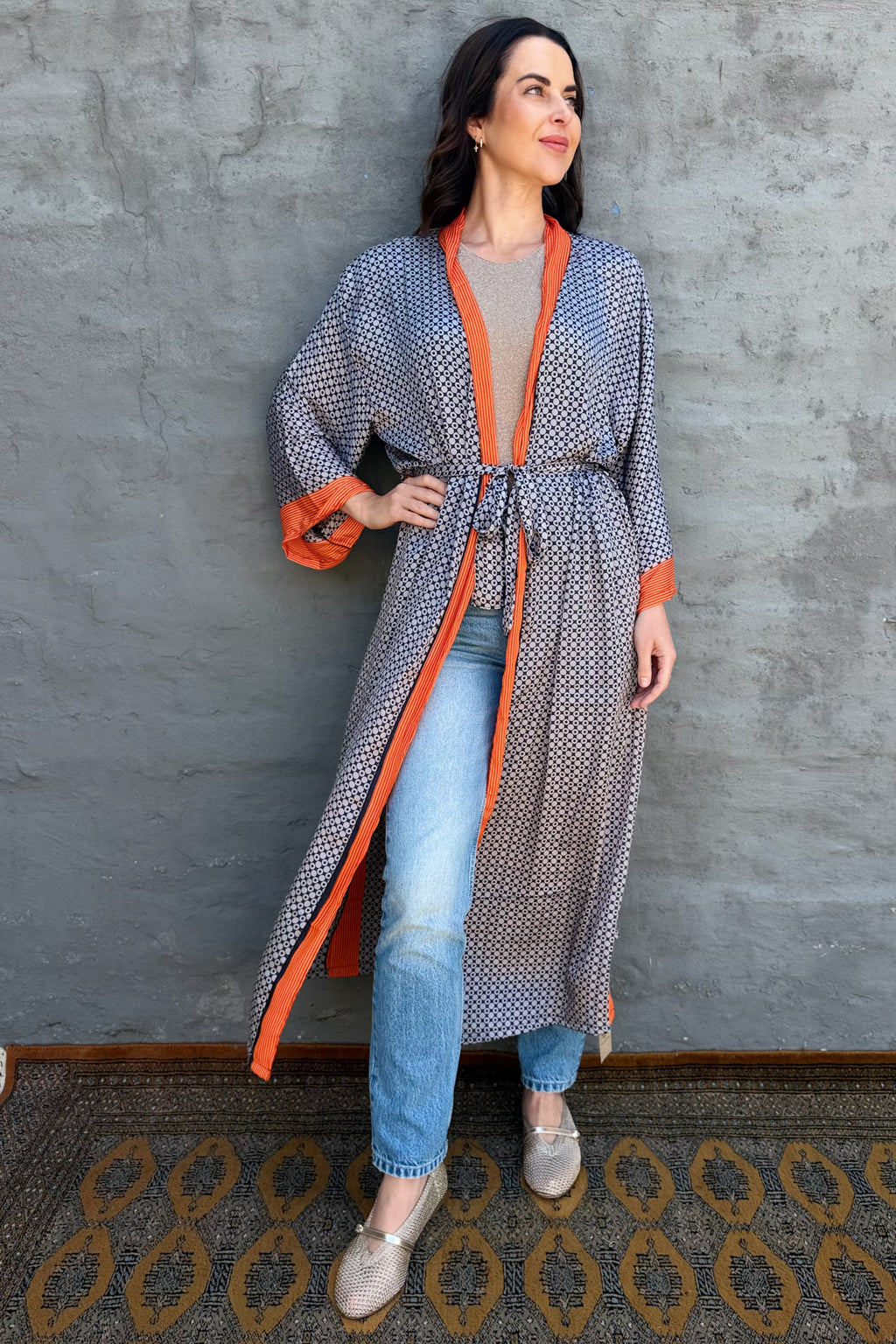 Upcycled Silk Sari Kimono In Silver Flame