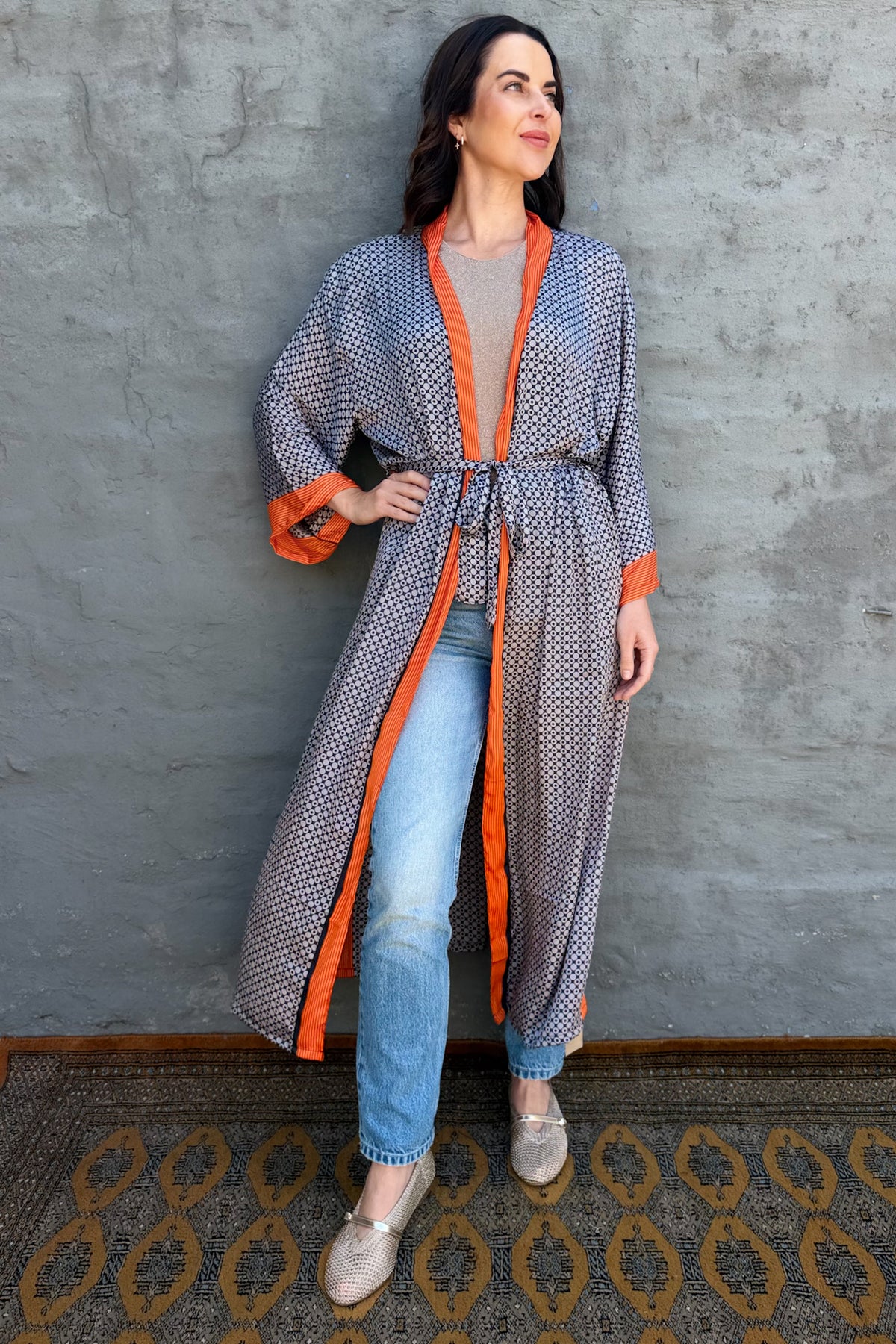 Upcycled Silk Sari Kimono In Silver Flame