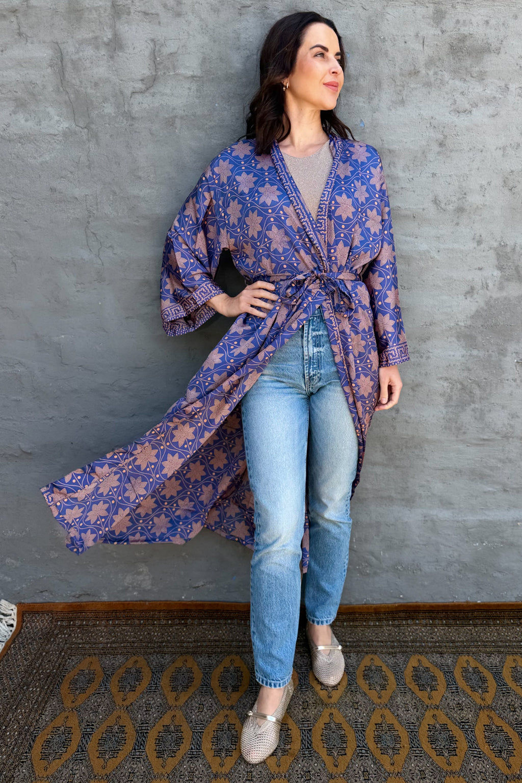 Upcycled Silk Sari Kimono In Star Sapphire