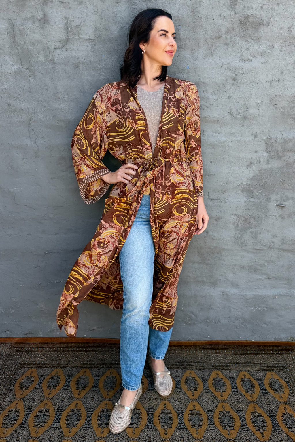 Upcycled Silk Sari Kimono In Abstract Mocha