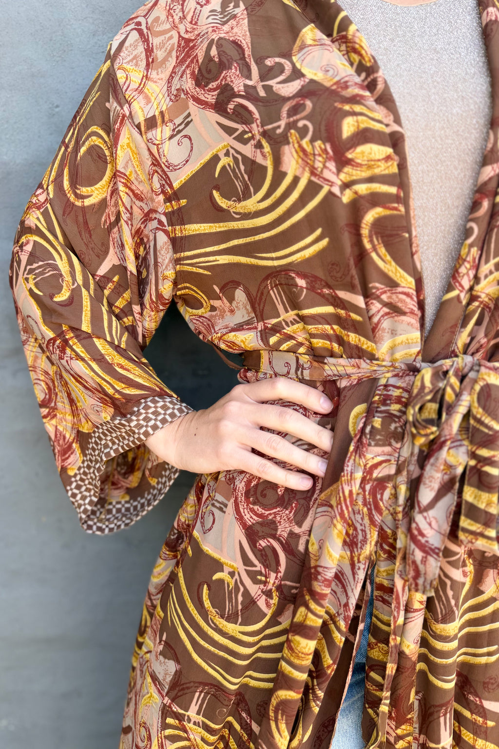 Upcycled Silk Sari Kimono In Abstract Mocha