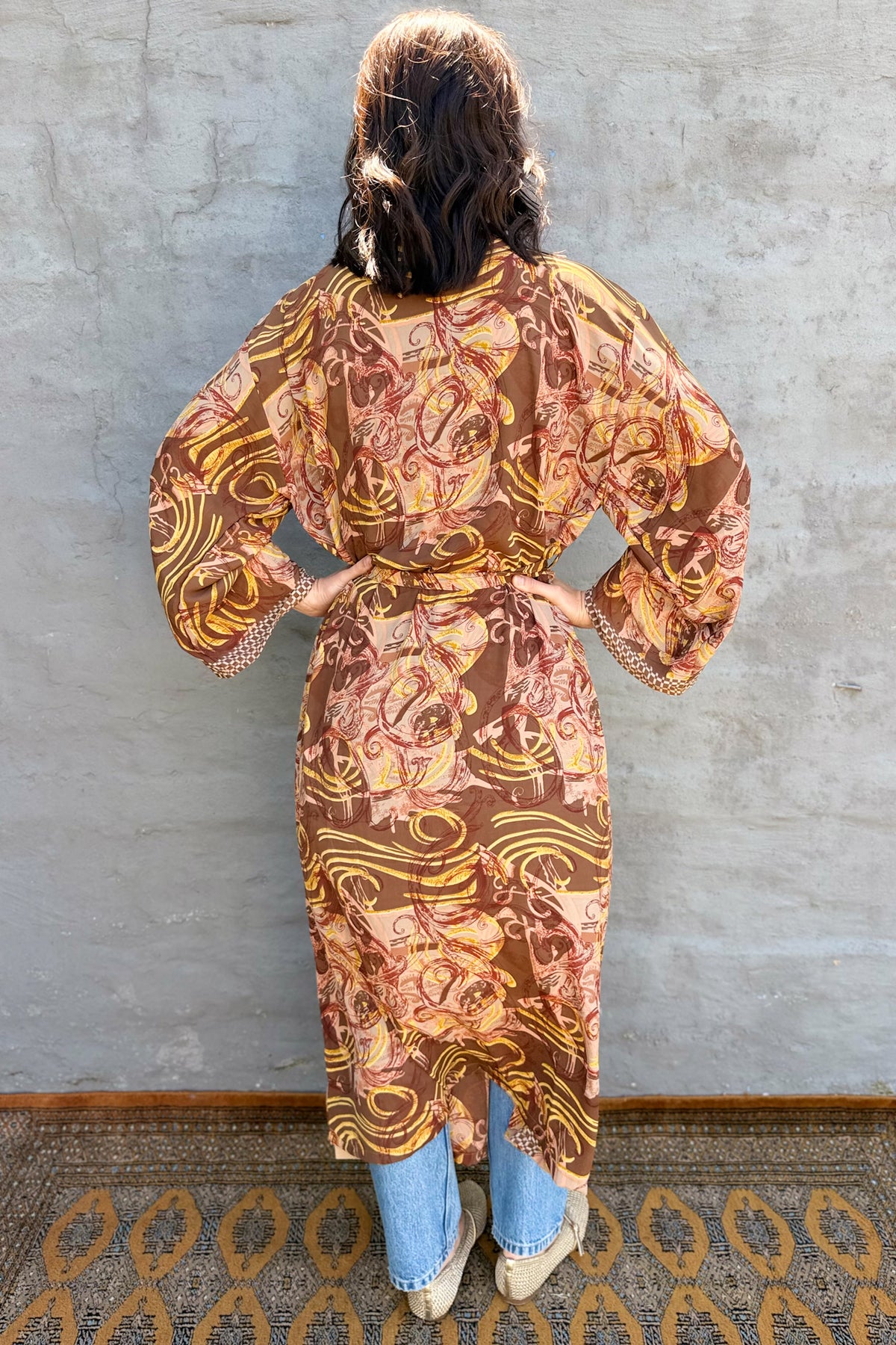 Upcycled Silk Sari Kimono In Abstract Mocha