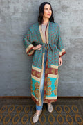 Upcycled Silk Sari Kimono In Grecian Turquoise